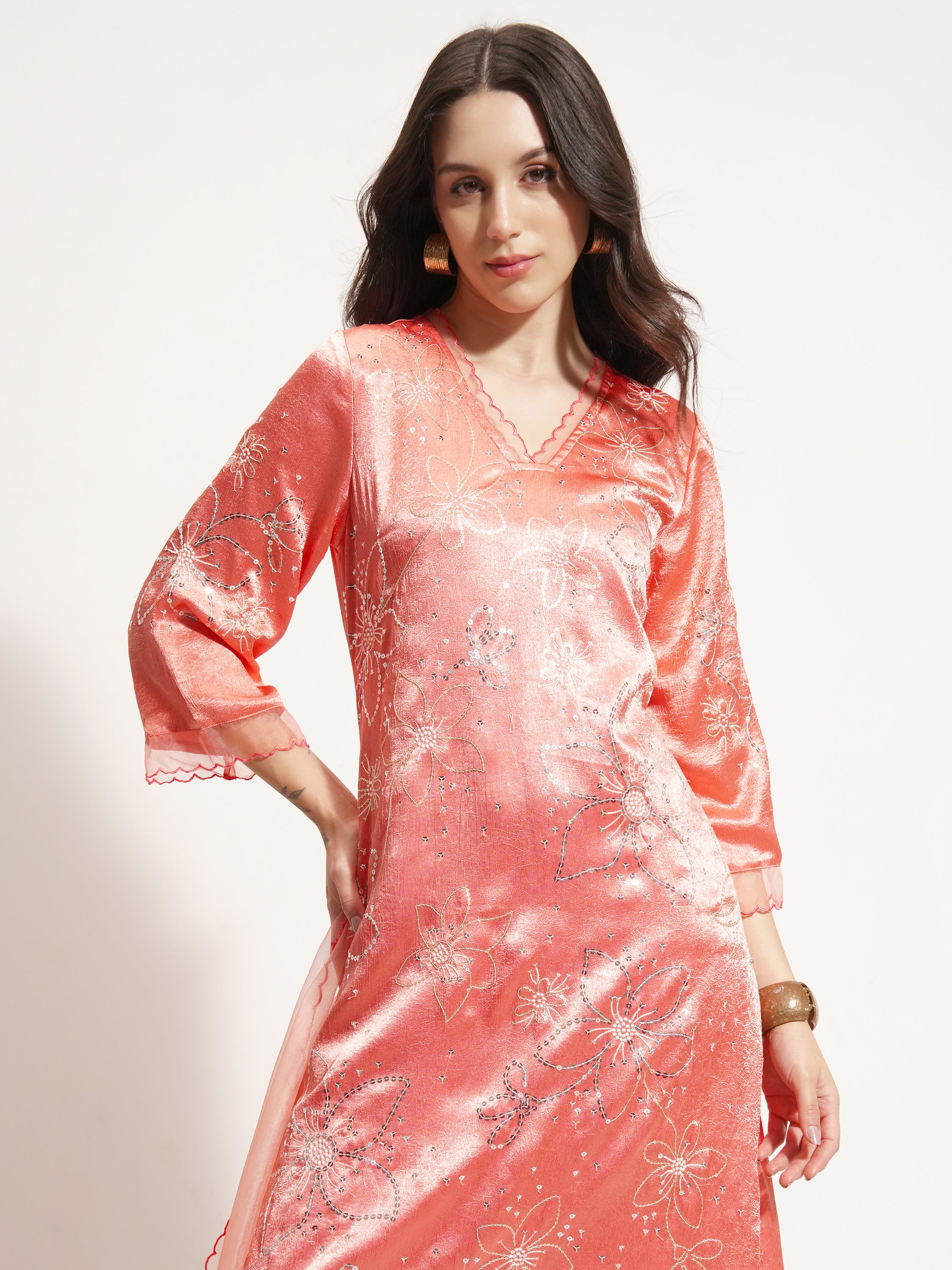 Vishudh Women Coral Embroidered Kurta With Trouser And Dupatta - Coral - Image 1