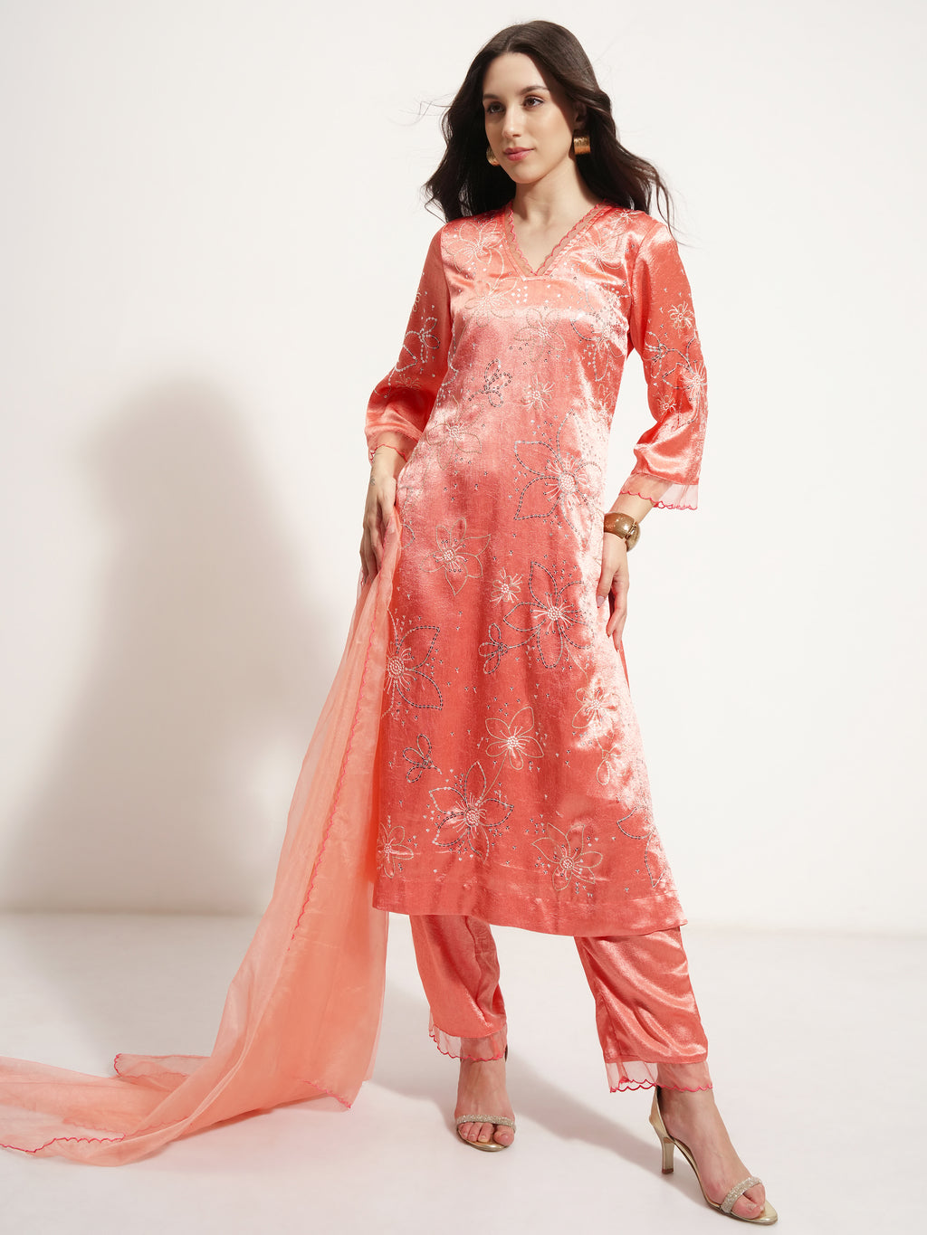 Vishudh Women Coral Embroidered Kurta With Trouser And Dupatta - Coral - Image 2