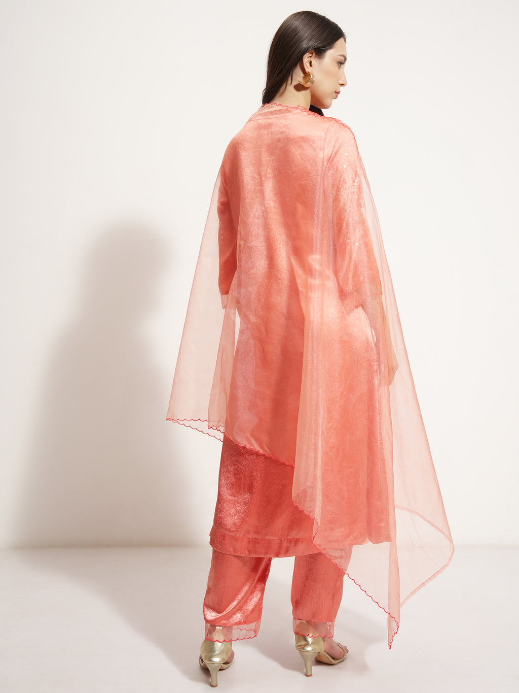 Vishudh Women Coral Embroidered Kurta With Trouser And Dupatta - Coral - Image 3