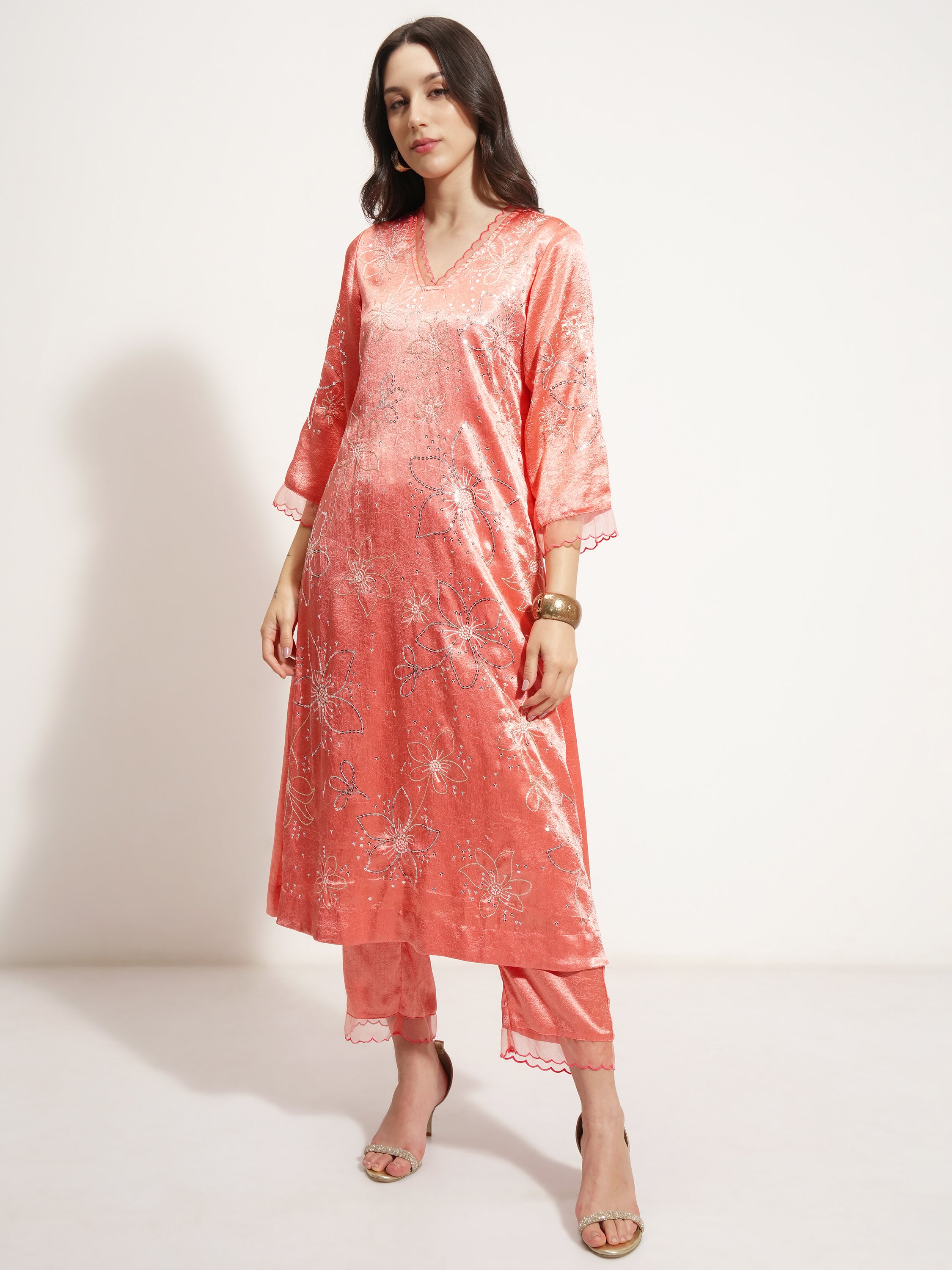 Vishudh Women Coral Embroidered Kurta With Trouser And Dupatta - Coral - Image 4