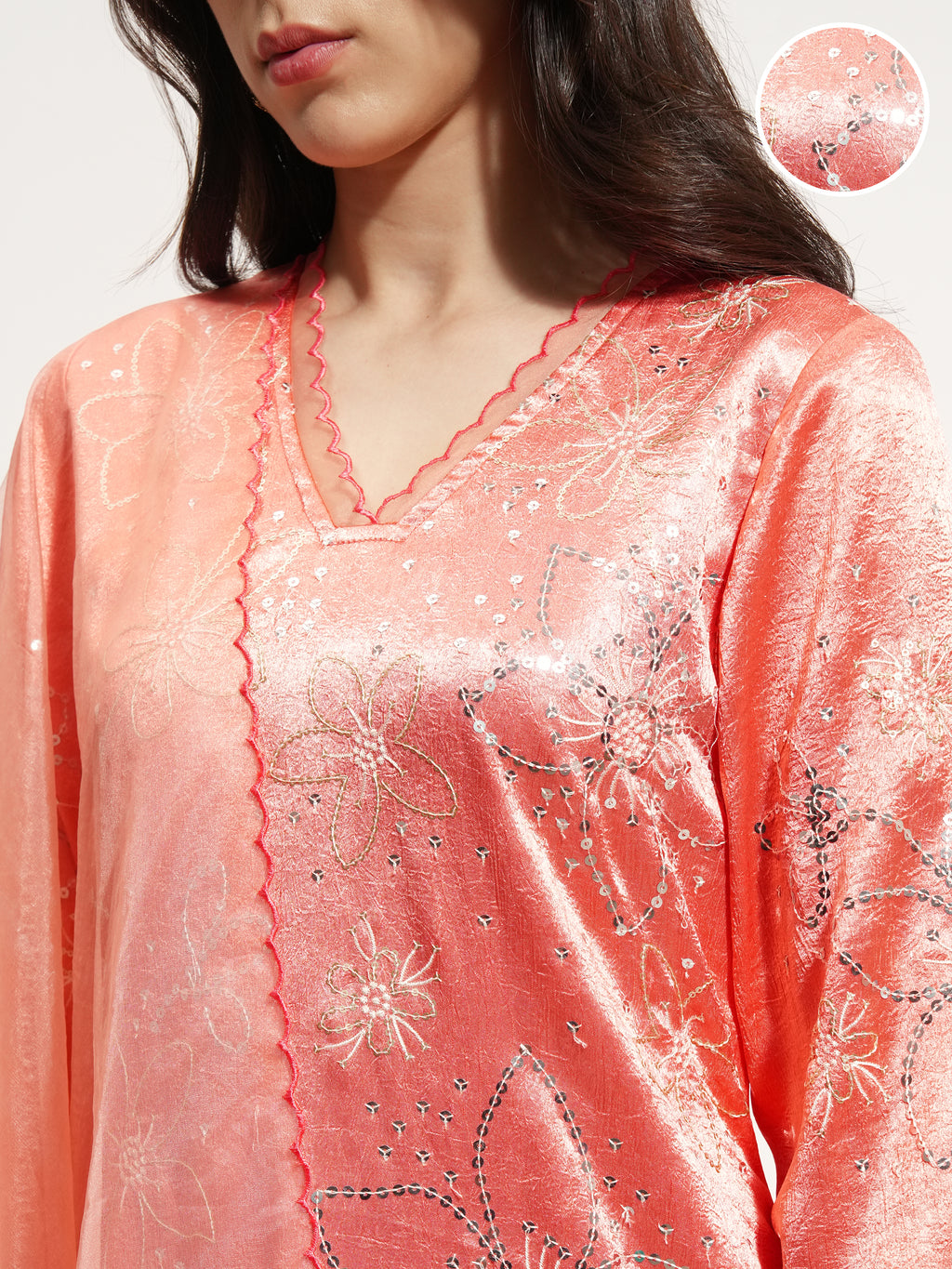 Vishudh Women Coral Embroidered Kurta With Trouser And Dupatta - Coral - Image 5