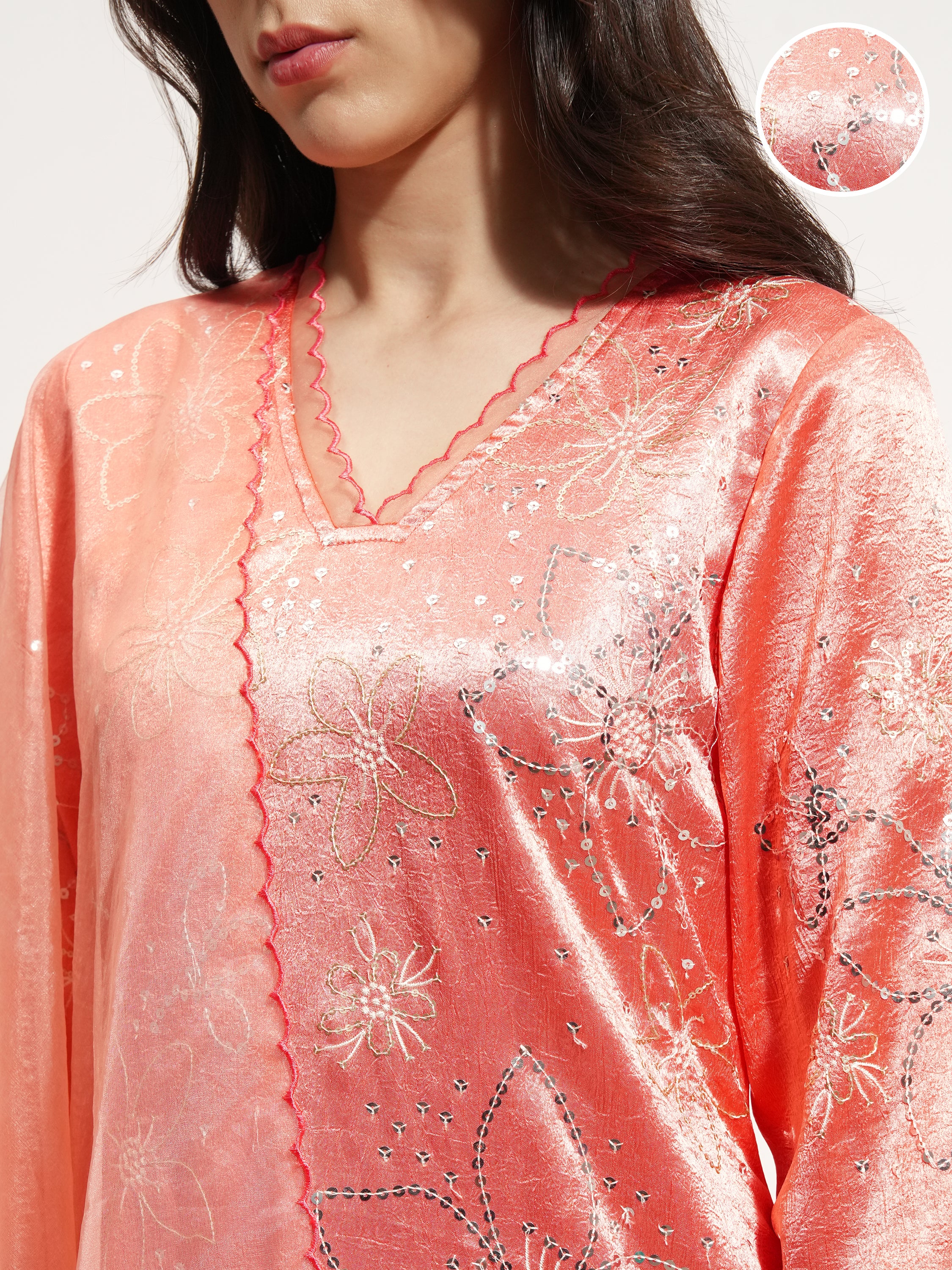 Vishudh Women Coral Embroidered Kurta With Trouser And Dupatta - Coral - Image 5