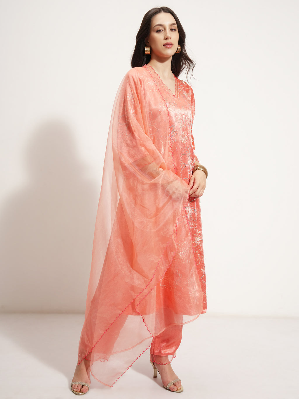 Vishudh Women Coral Embroidered Kurta With Trouser And Dupatta - Coral - Image 6