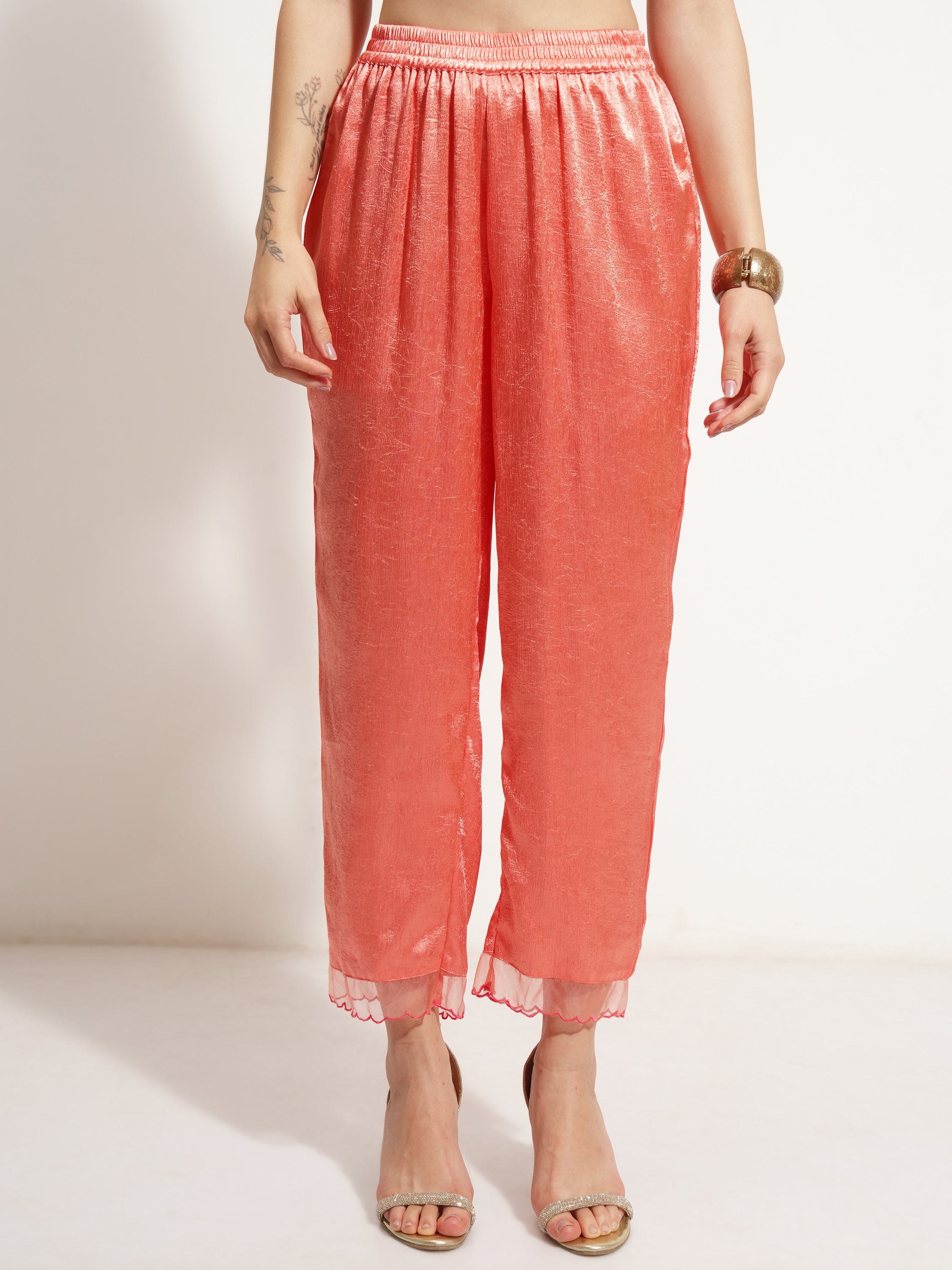 Vishudh Women Coral Embroidered Kurta With Trouser And Dupatta - Coral - Image 7