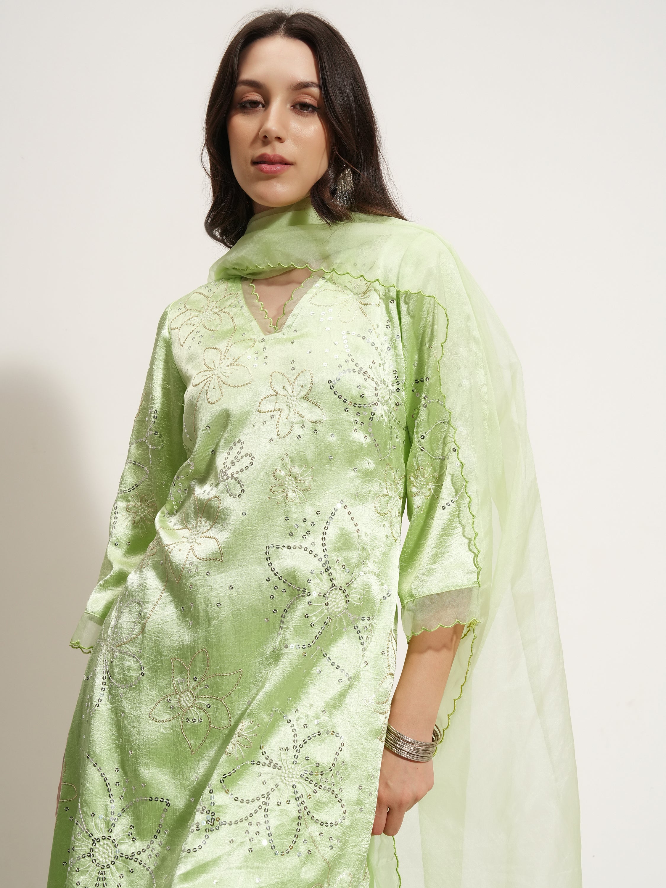 Vishudh Women Green Embroidered Kurta With Trouser And Dupatta - Green - Image 1