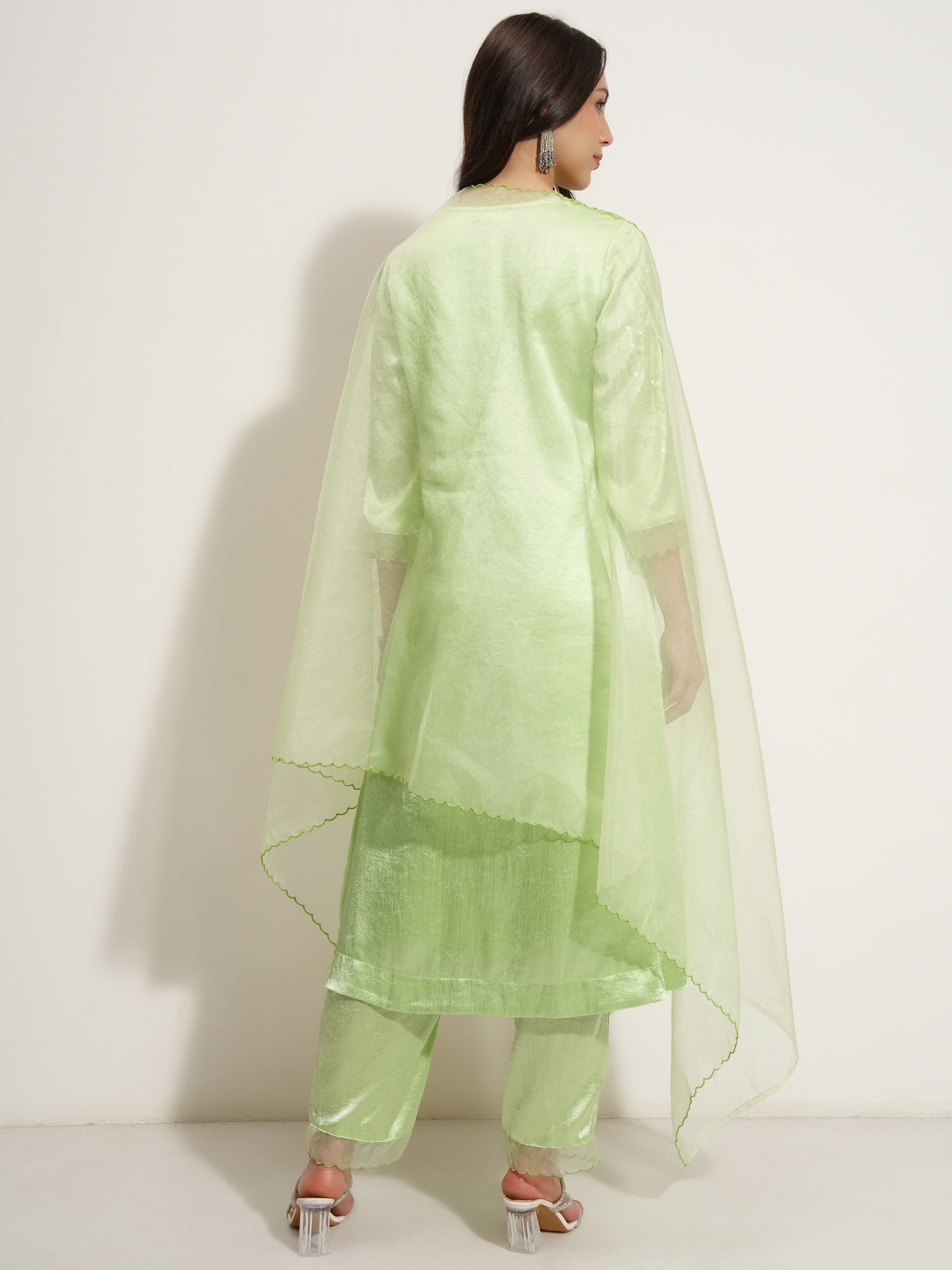 Vishudh Women Green Embroidered Kurta With Trouser And Dupatta - Green - Image 3