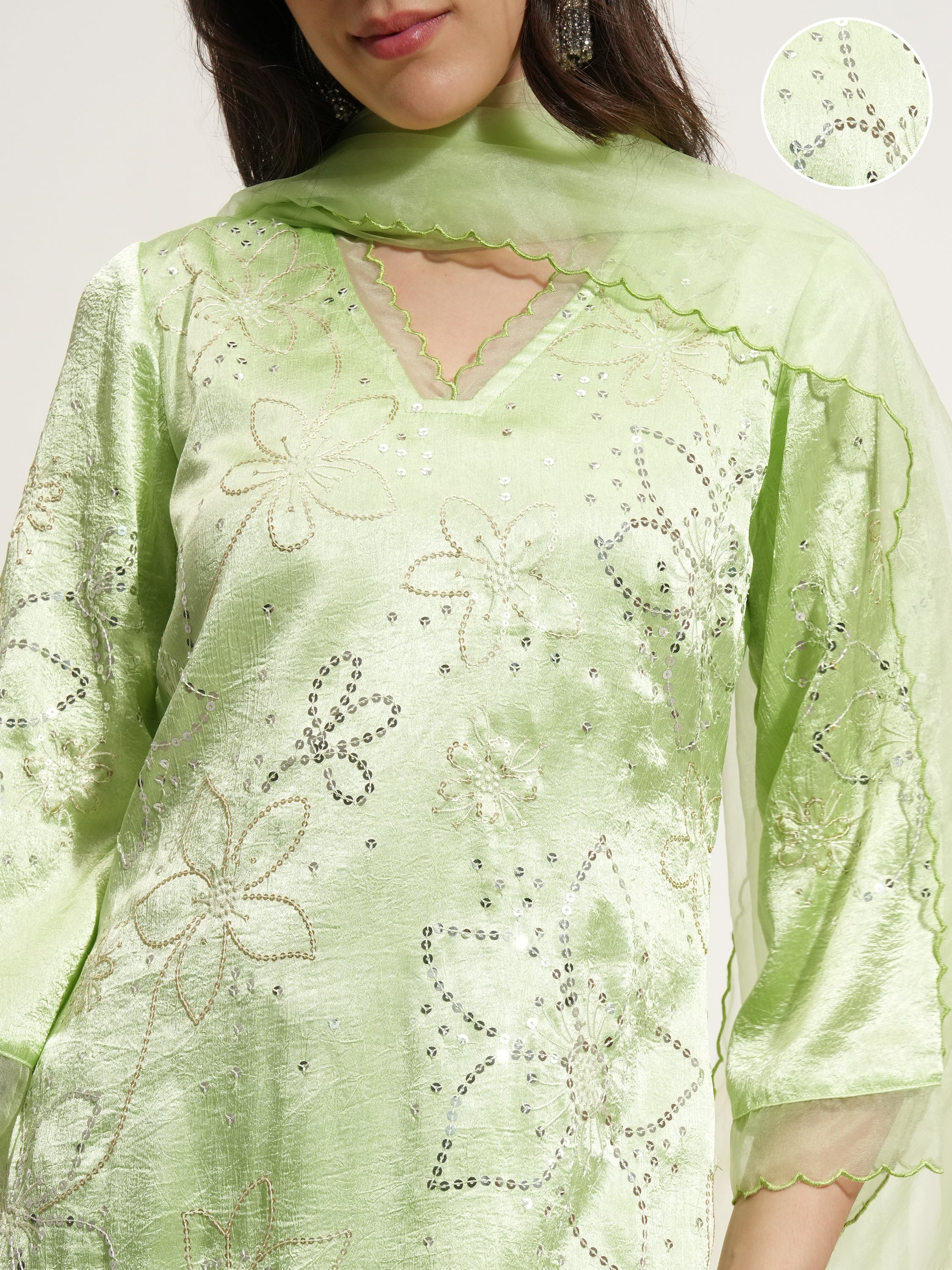 Vishudh Women Green Embroidered Kurta With Trouser And Dupatta - Green - Image 5