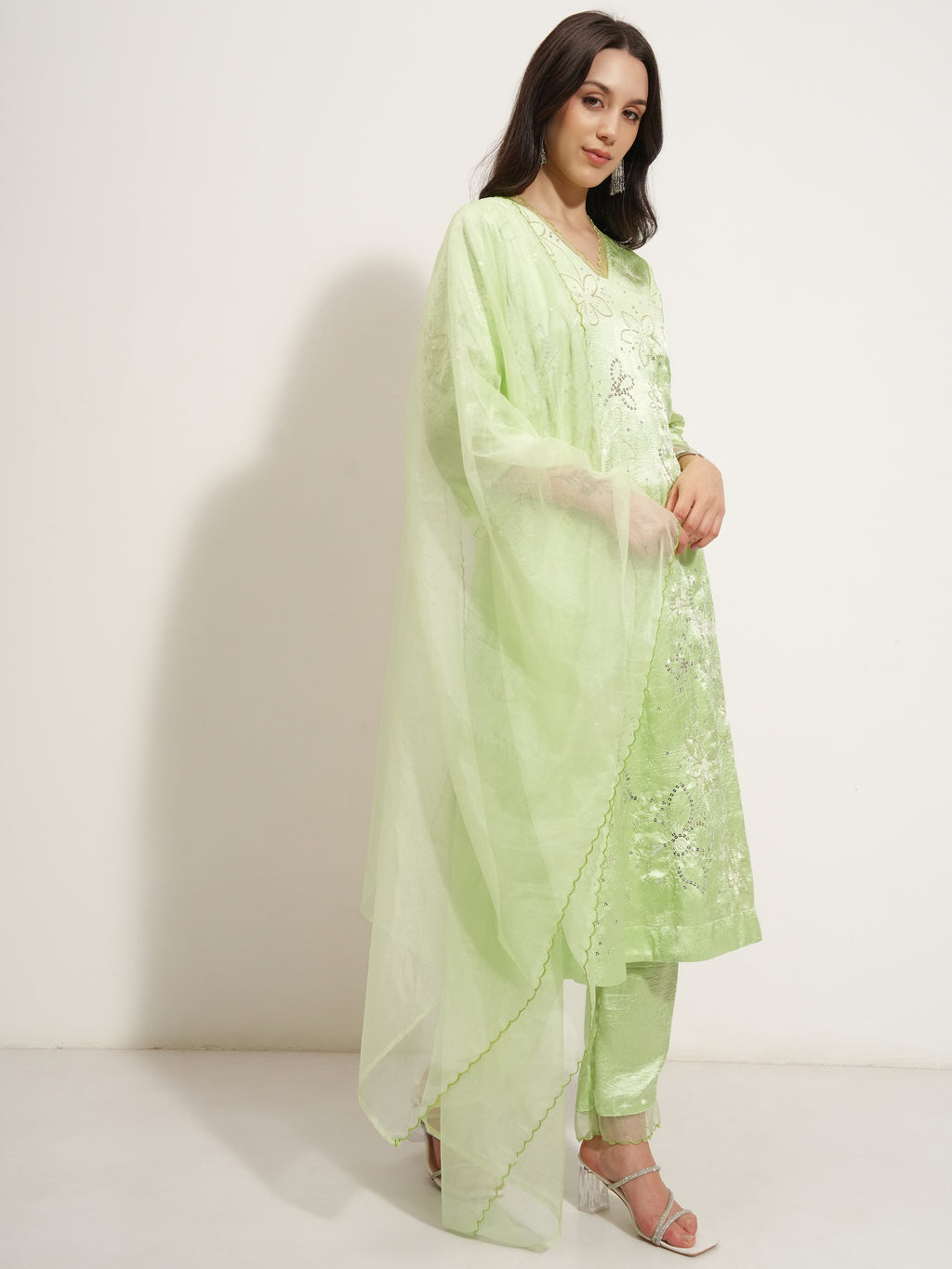Vishudh Women Green Embroidered Kurta With Trouser And Dupatta - Green - Image 6