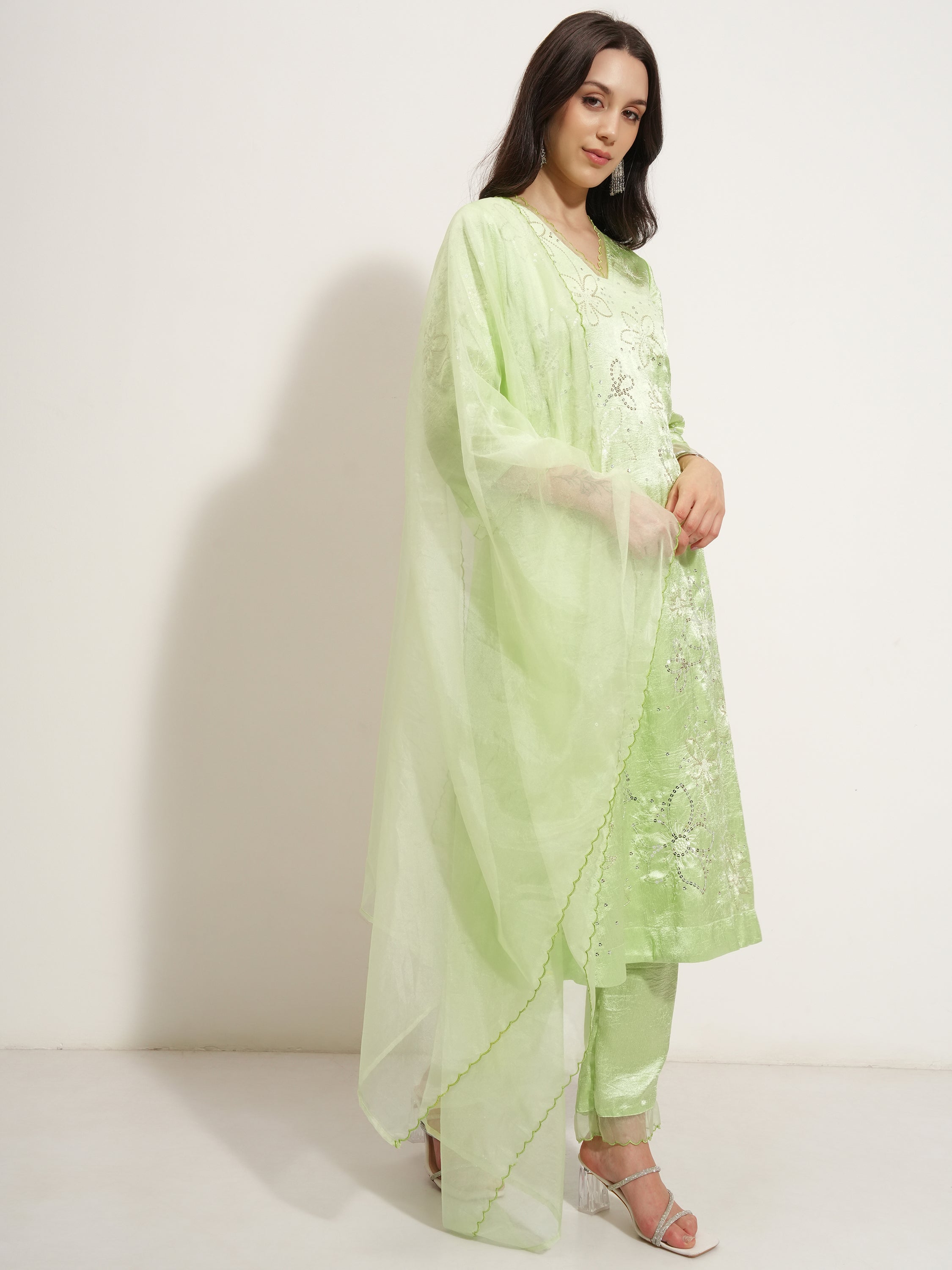Vishudh Women Green Embroidered Kurta With Trouser And Dupatta - Green - Image 6