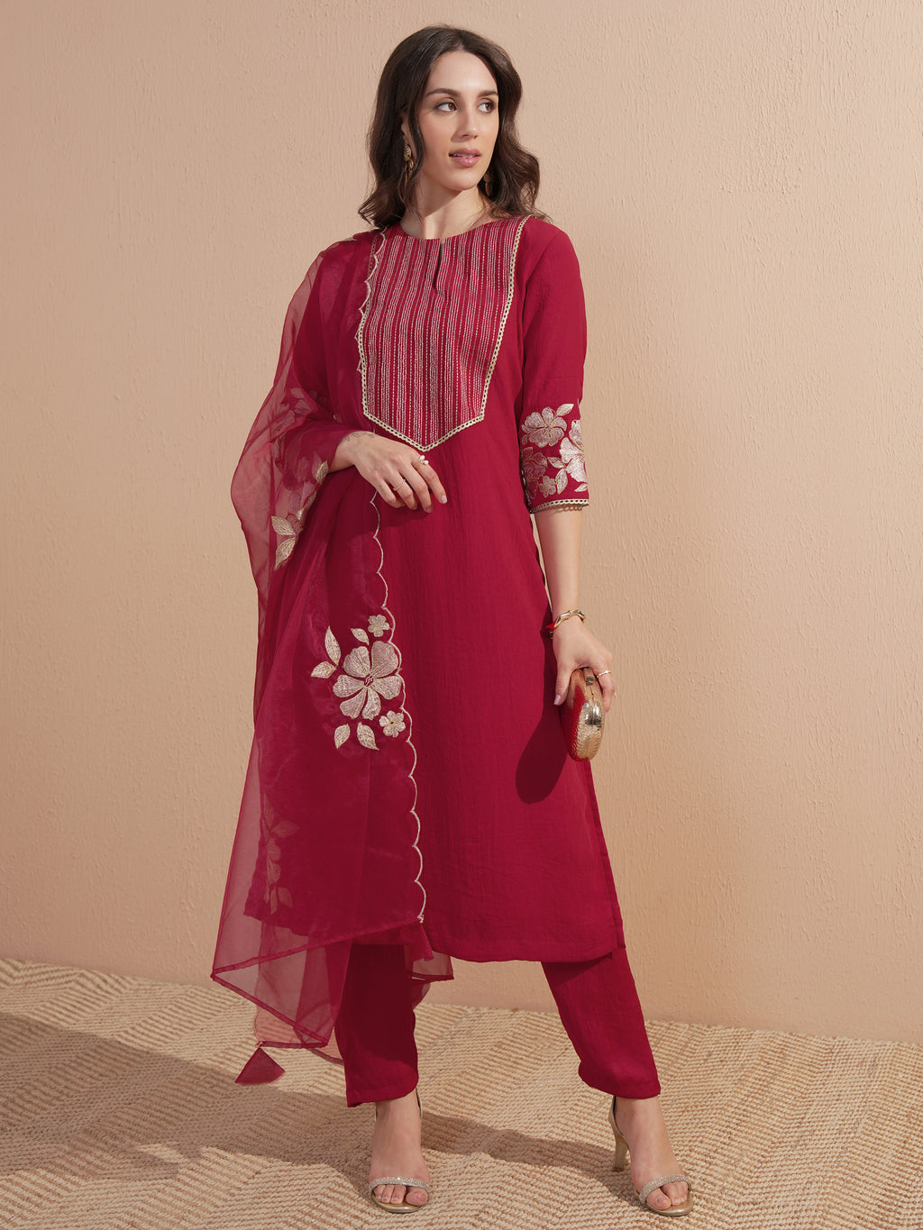 Vishudh Women Red Embroidered Kurta With Trouser And Dupatta - Red - Image 1