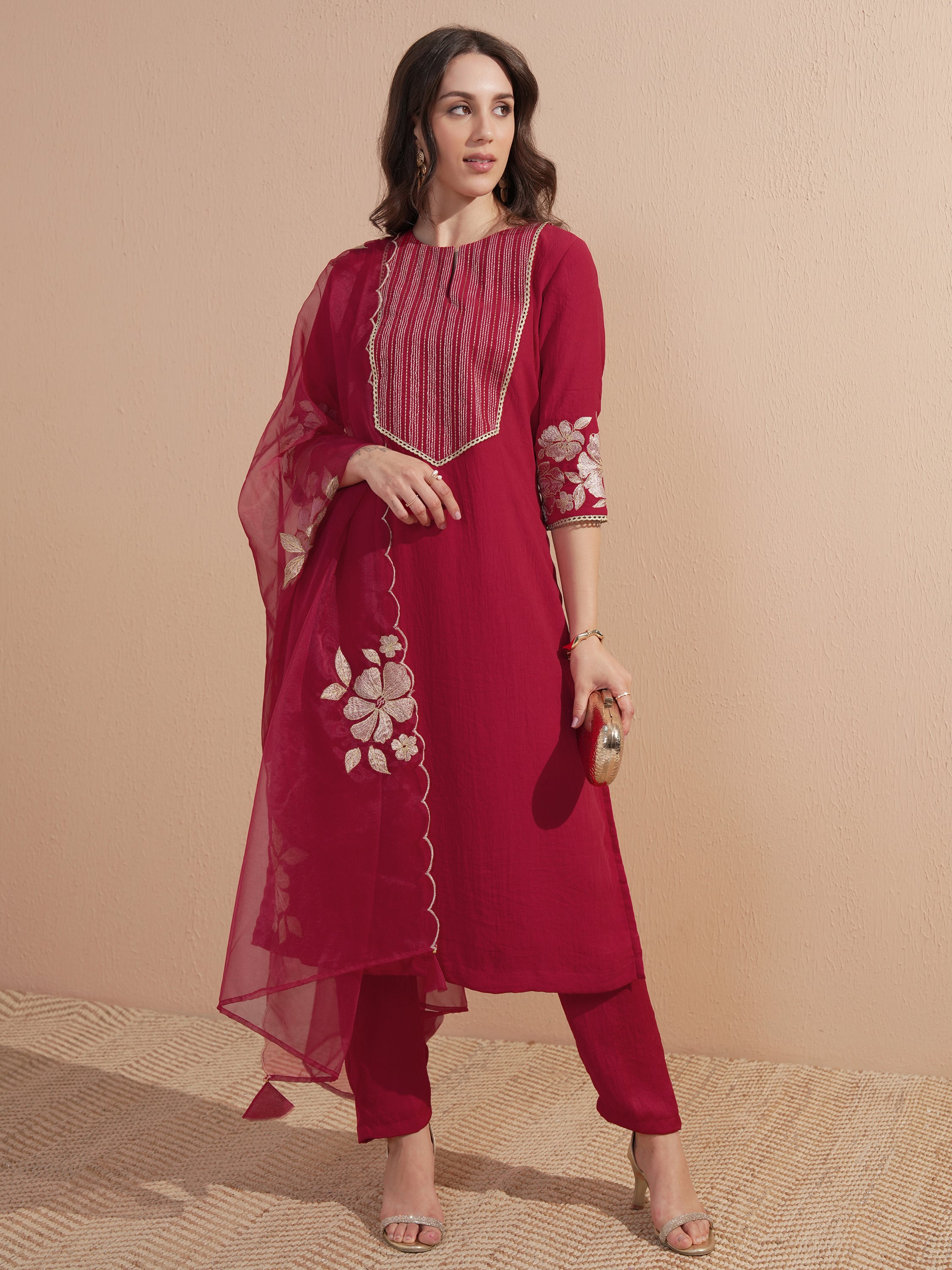 Vishudh Women Red Embroidered Kurta With Trouser And Dupatta - Red - Image 1