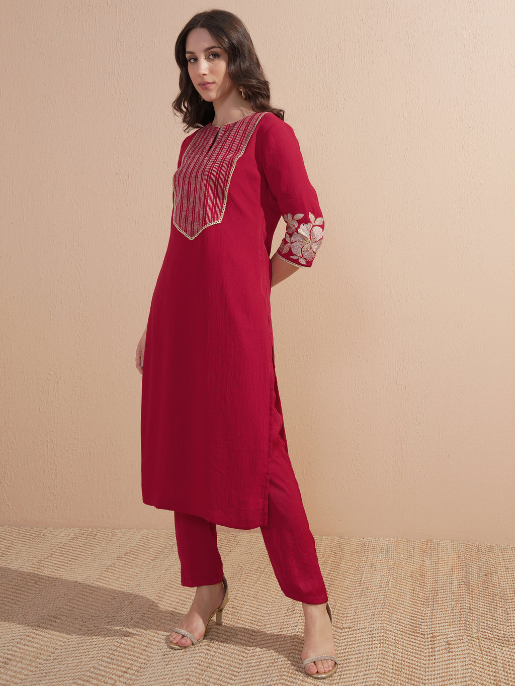 Vishudh Women Red Embroidered Kurta With Trouser And Dupatta - Red - Image 2