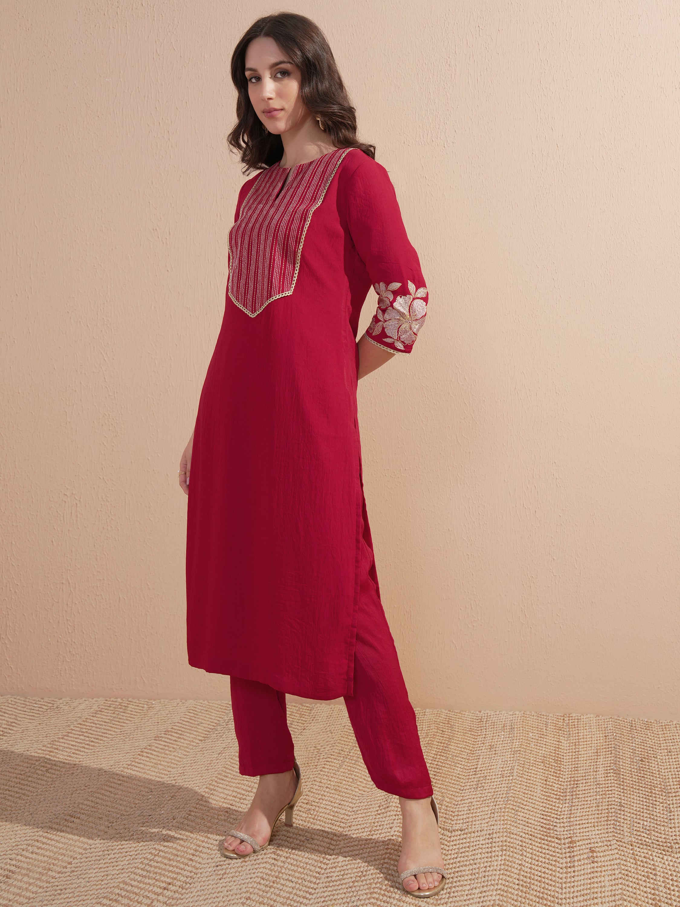 Vishudh Women Red Embroidered Kurta With Trouser And Dupatta - Red - Image 2