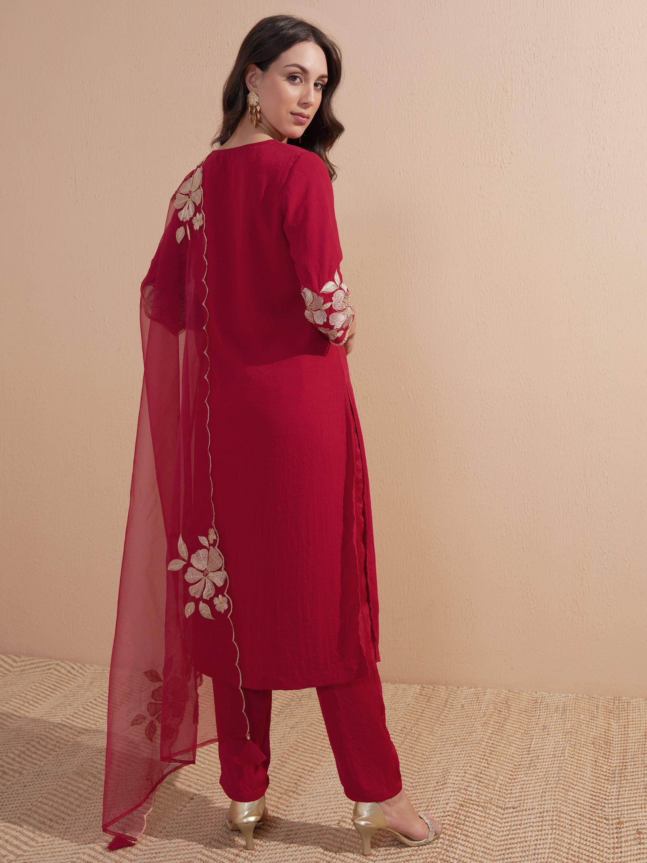 Vishudh Women Red Embroidered Kurta With Trouser And Dupatta - Red - Image 3