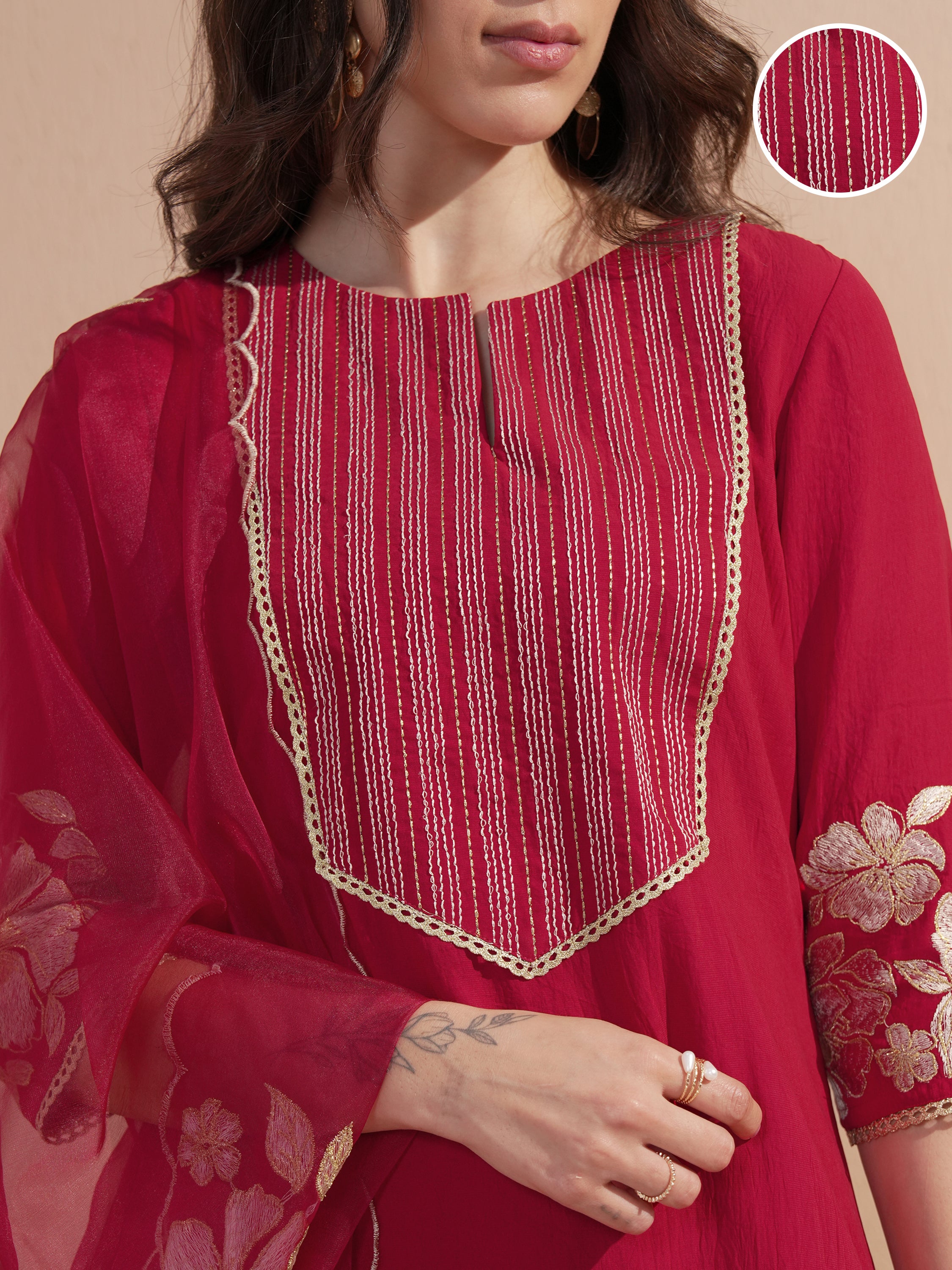 Vishudh Women Red Embroidered Kurta With Trouser And Dupatta - Red - Image 5