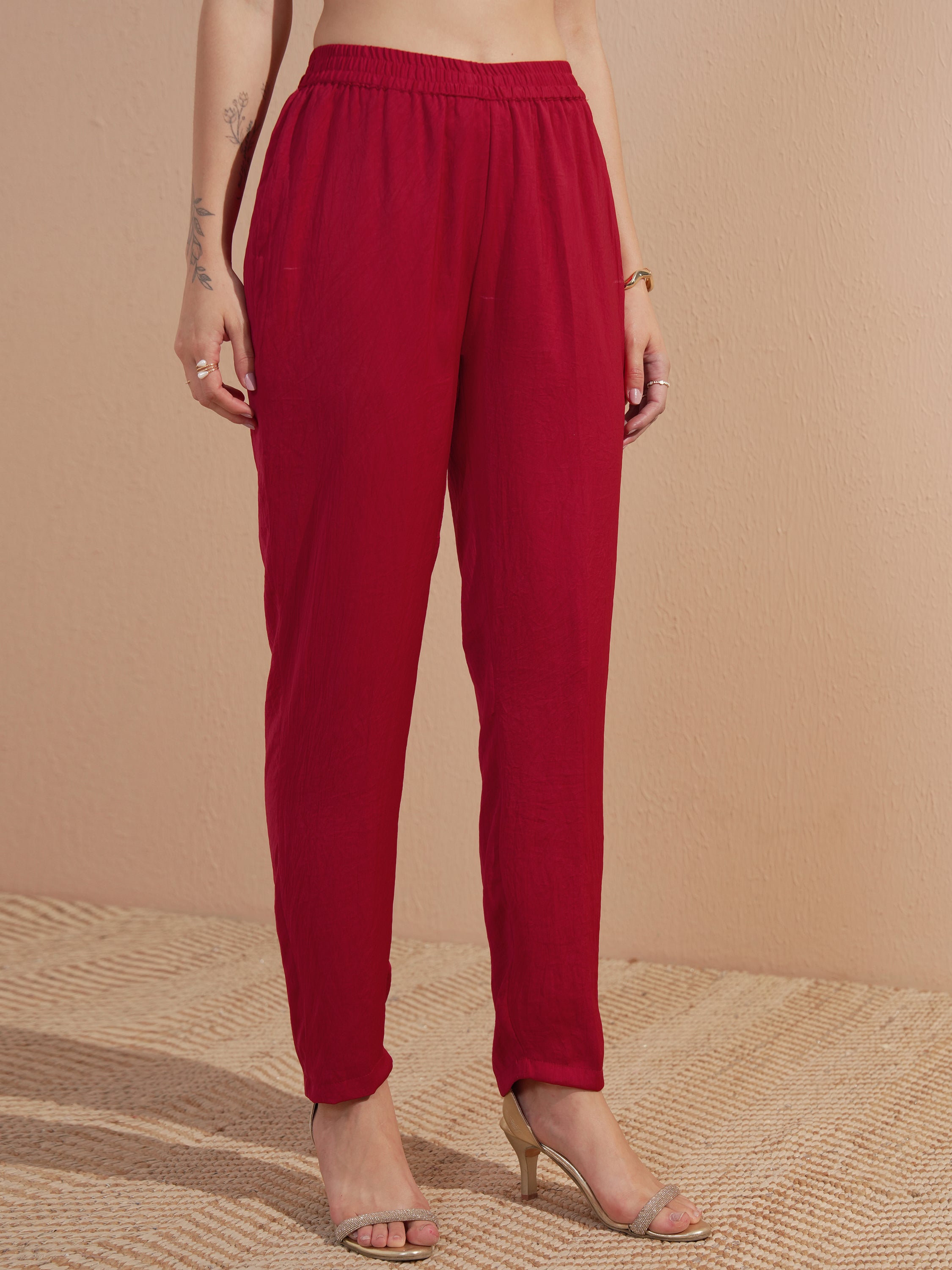 Vishudh Women Red Embroidered Kurta With Trouser And Dupatta - Red - Image 6