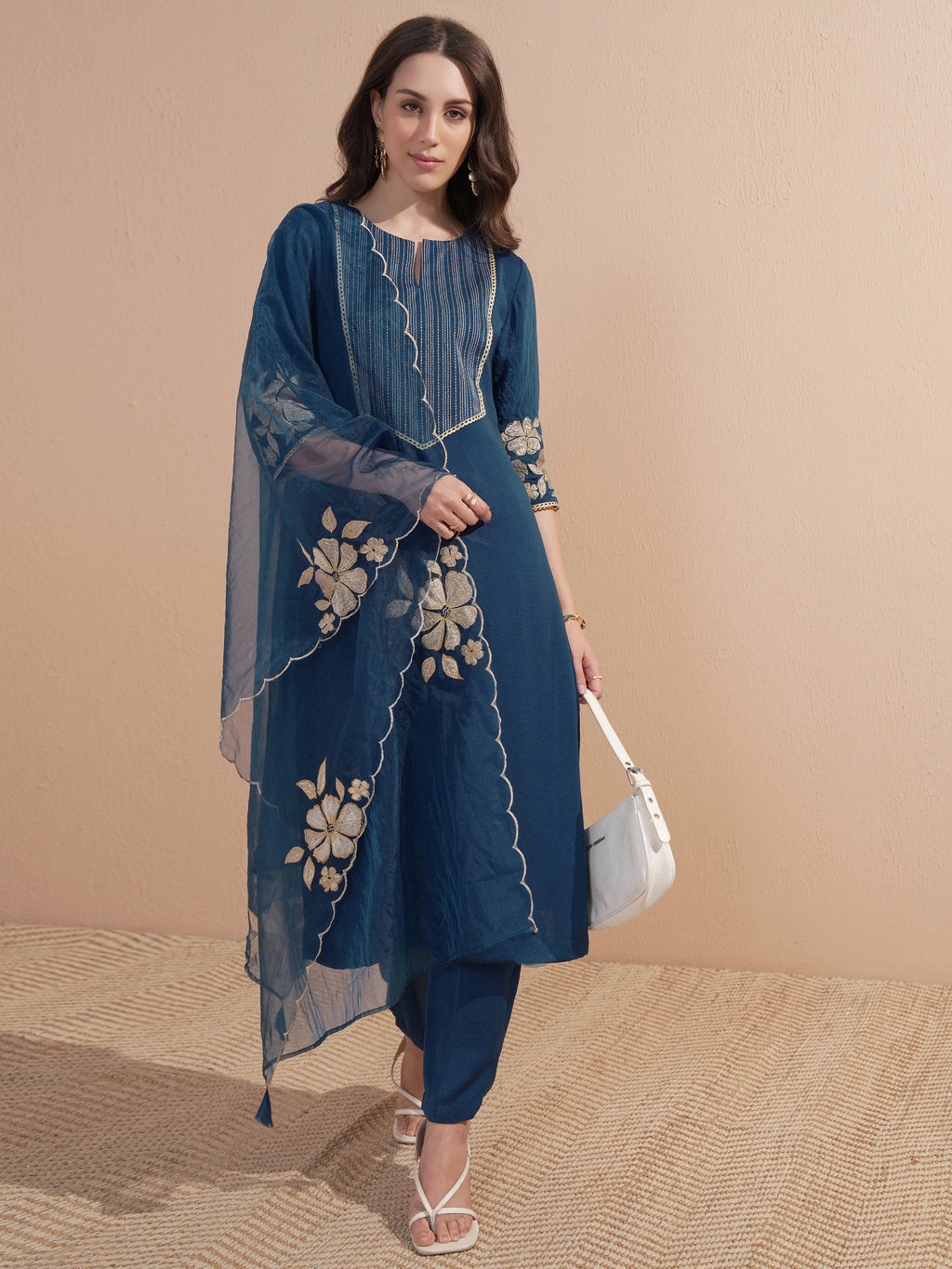 Vishudh Women Navy Blue Embroidered Kurta With Trouser And Dupatta - Navy Blue - Image 1