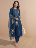Vishudh Women Navy Blue Embroidered Kurta With Trouser And Dupatta - Navy Blue - Image 1