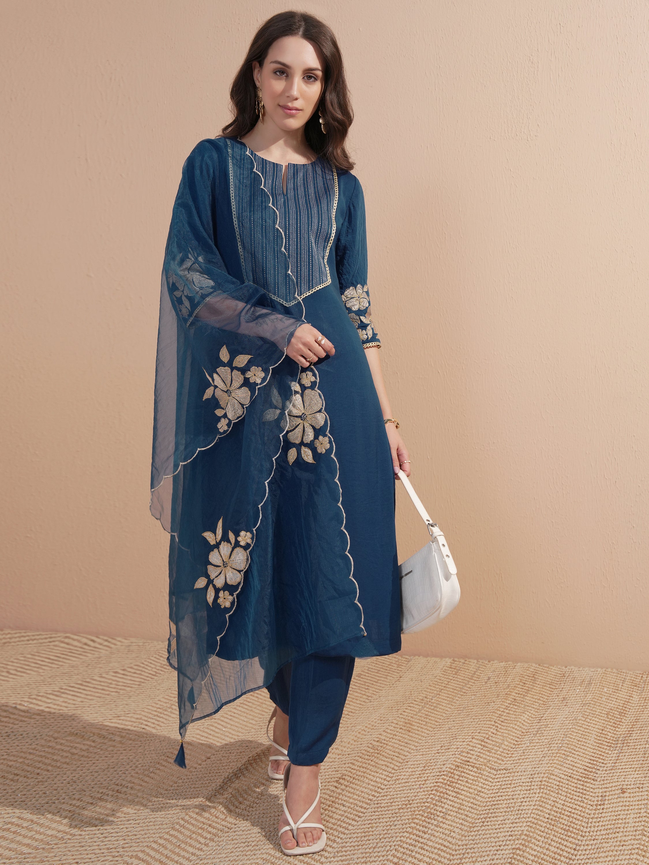 Vishudh Women Navy Blue Embroidered Kurta With Trouser And Dupatta - Navy Blue - Image 1