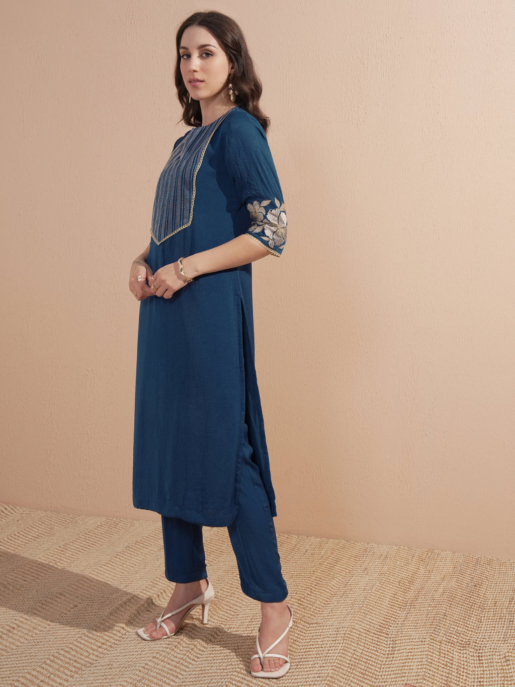 Vishudh Women Navy Blue Embroidered Kurta With Trouser And Dupatta - Navy Blue - Image 2