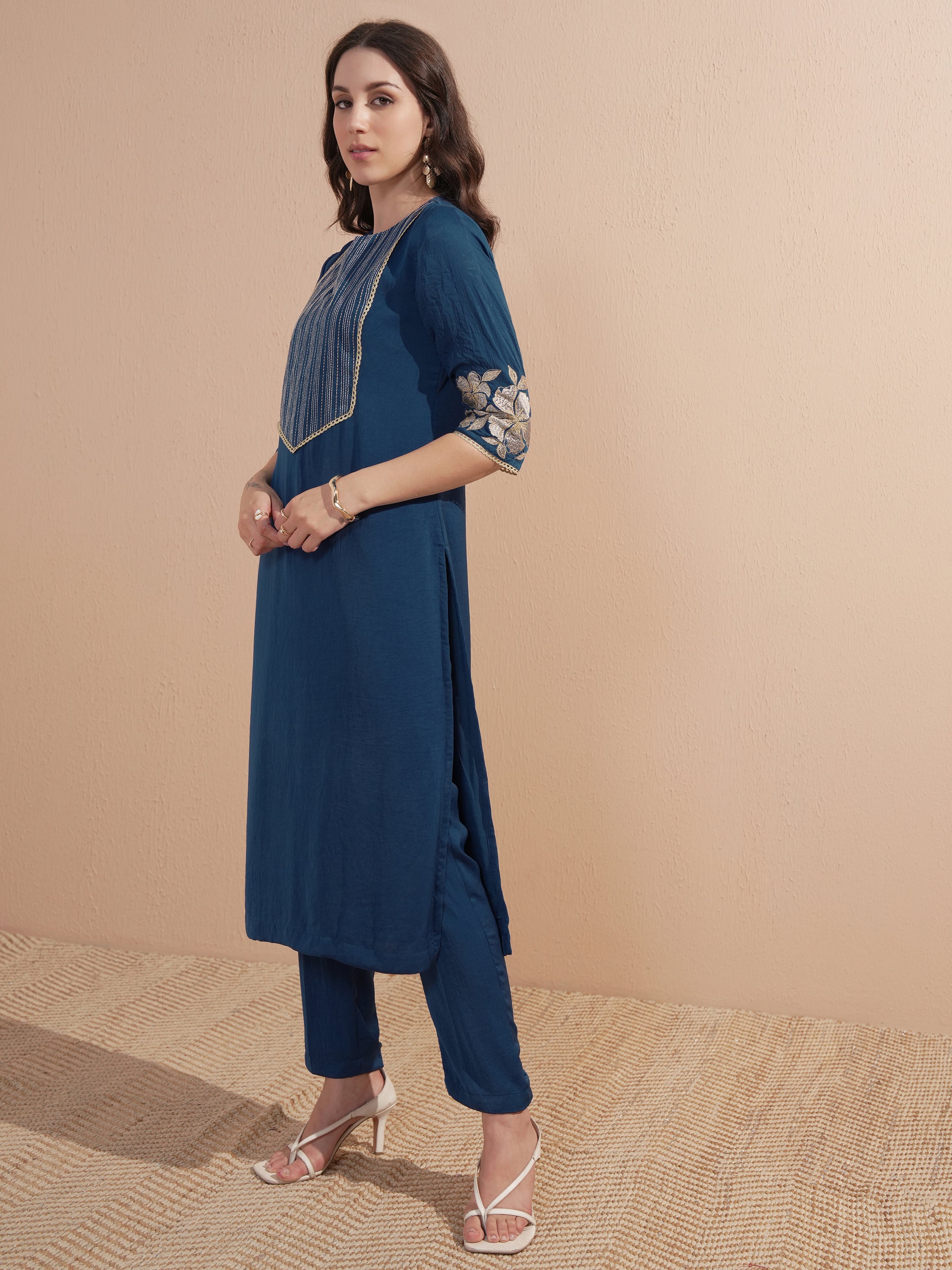 Vishudh Women Navy Blue Embroidered Kurta With Trouser And Dupatta - Navy Blue - Image 2
