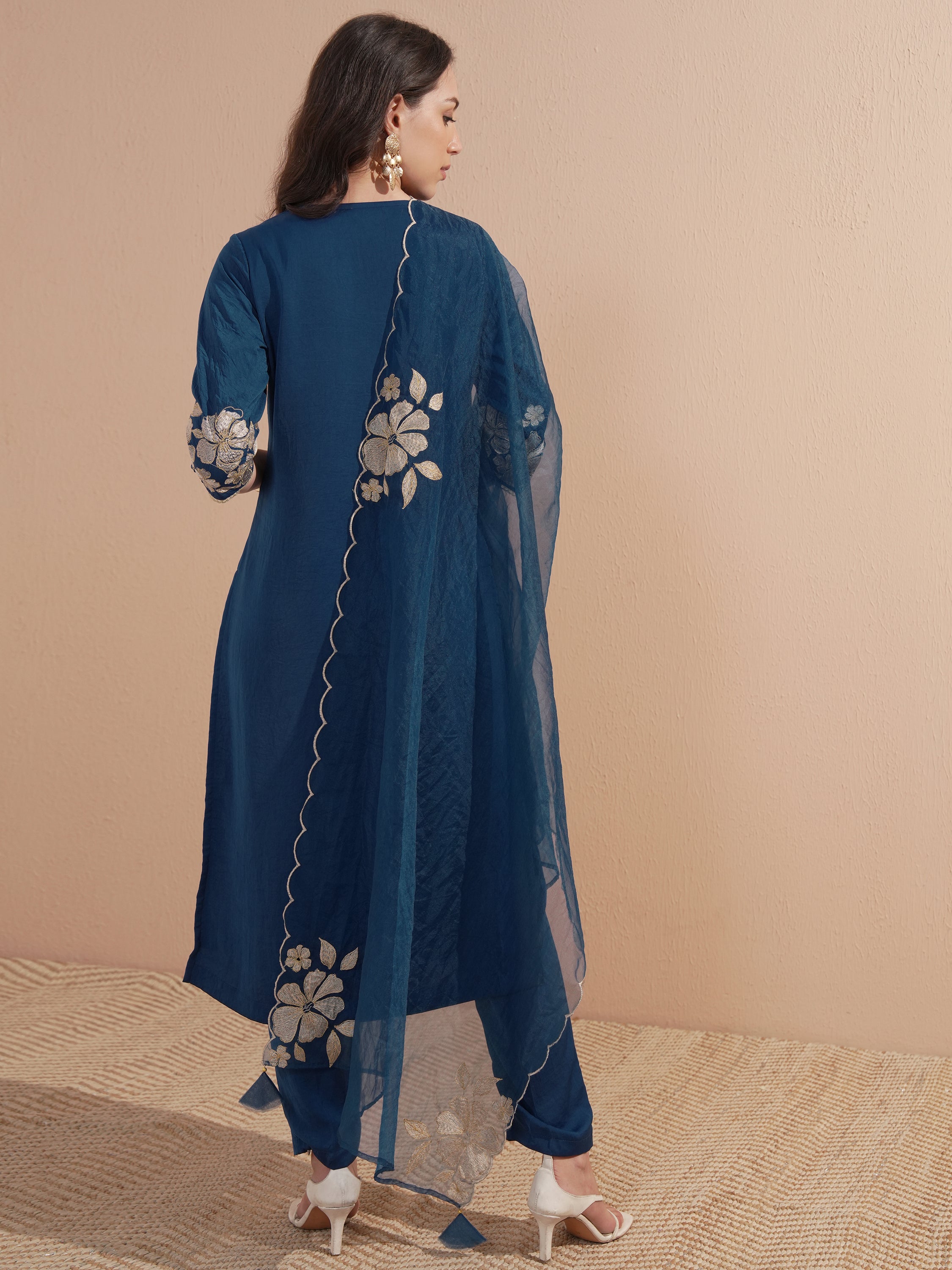 Vishudh Women Navy Blue Embroidered Kurta With Trouser And Dupatta - Navy Blue - Image 3