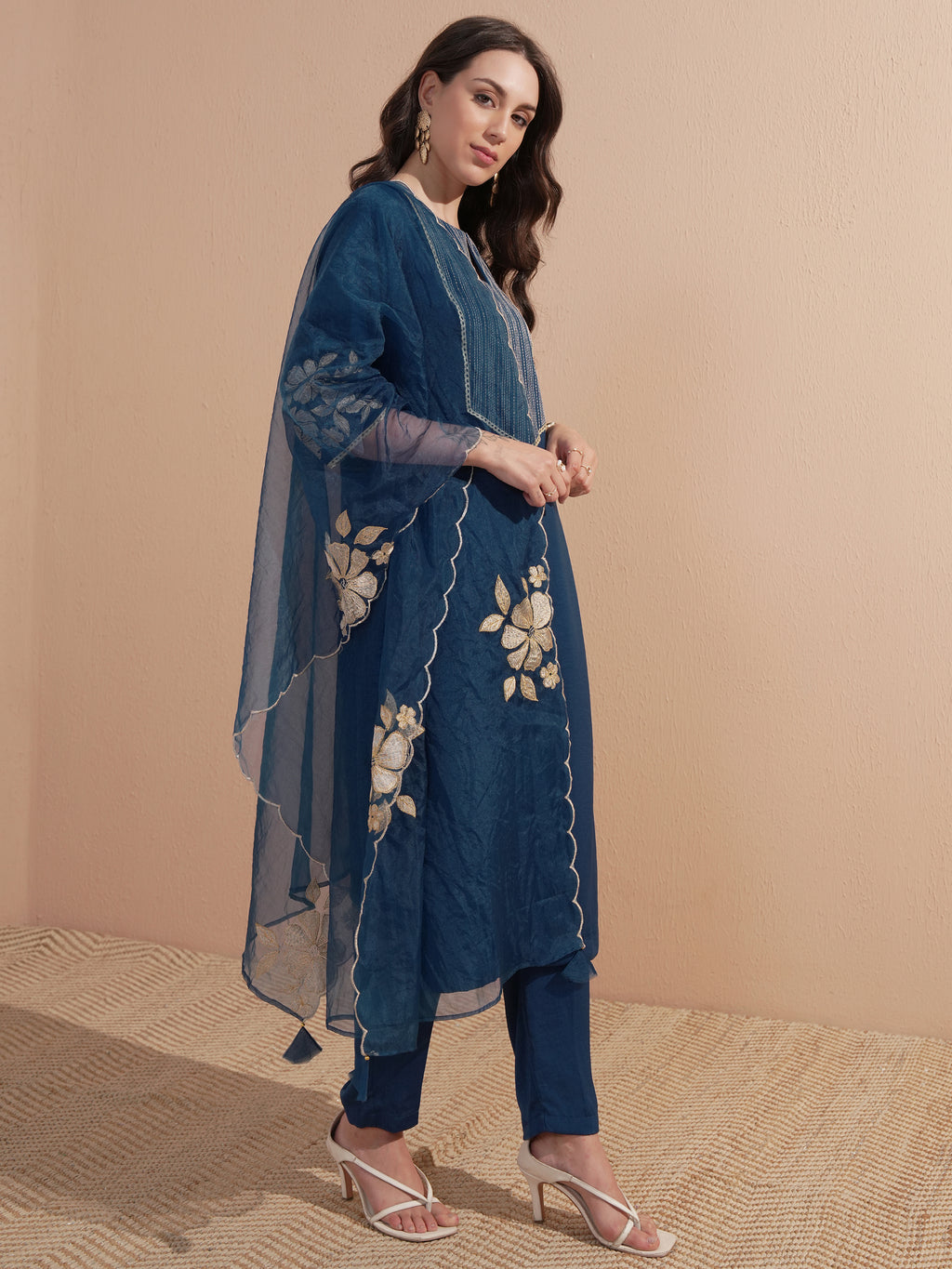 Vishudh Women Navy Blue Embroidered Kurta With Trouser And Dupatta - Navy Blue - Image 4