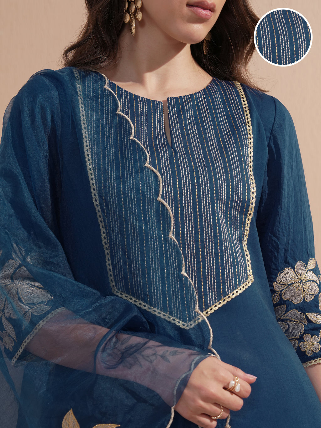Vishudh Women Navy Blue Embroidered Kurta With Trouser And Dupatta - Navy Blue - Image 5