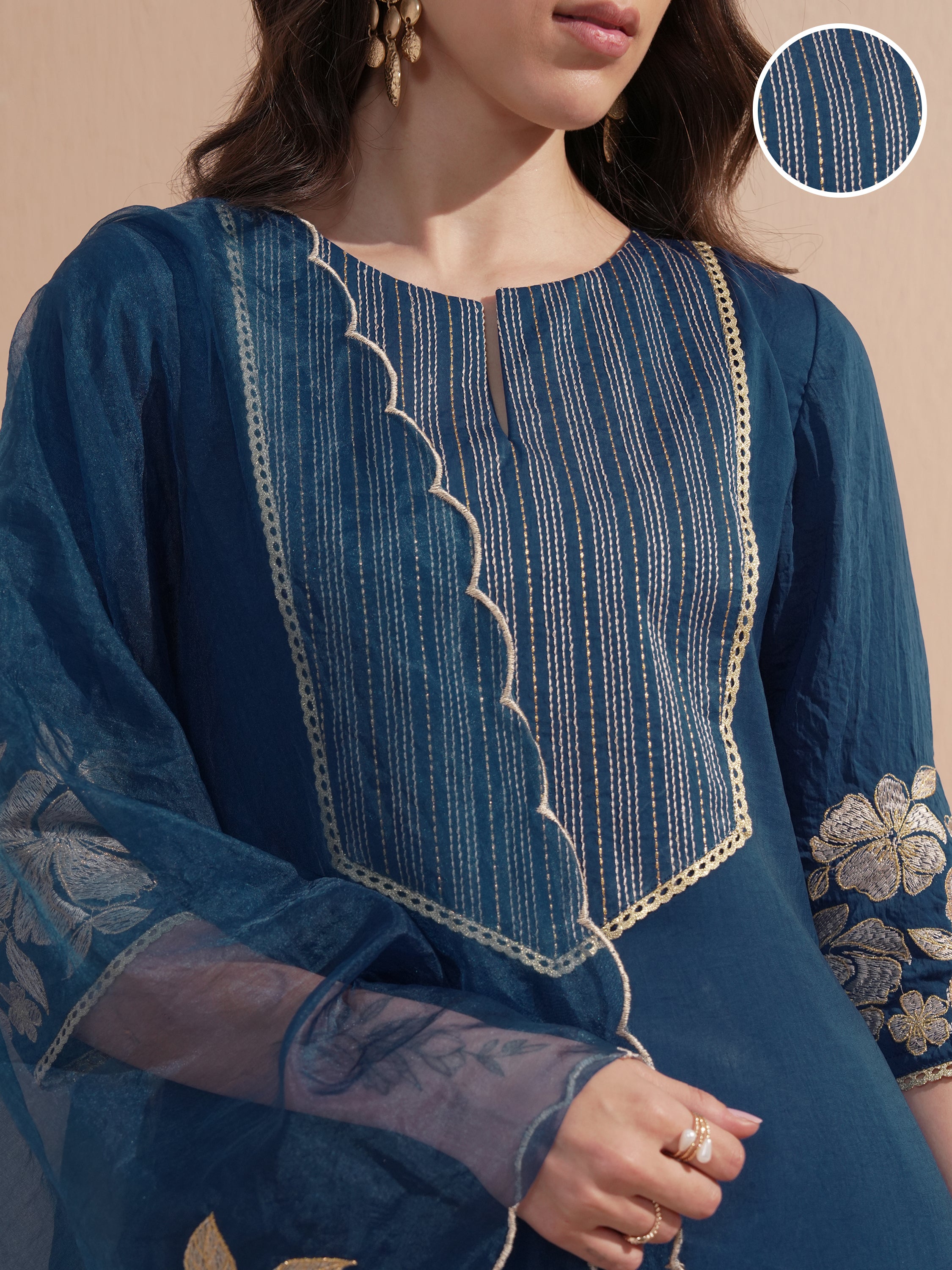 Vishudh Women Navy Blue Embroidered Kurta With Trouser And Dupatta - Navy Blue - Image 5