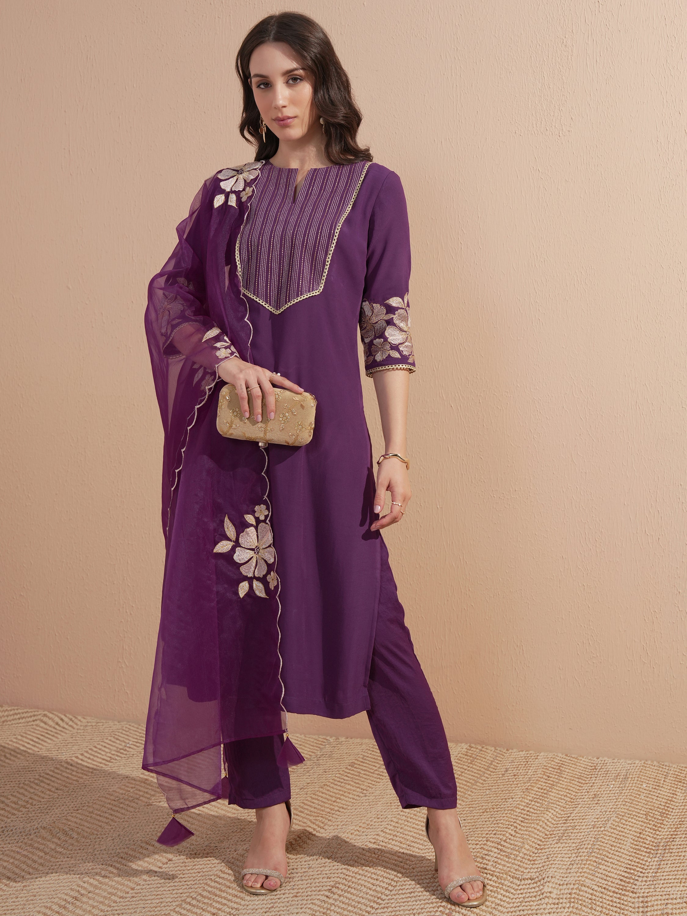 Vishudh Women Purple Embroidered Kurta With Trouser And Dupatta - Purple - Image 1