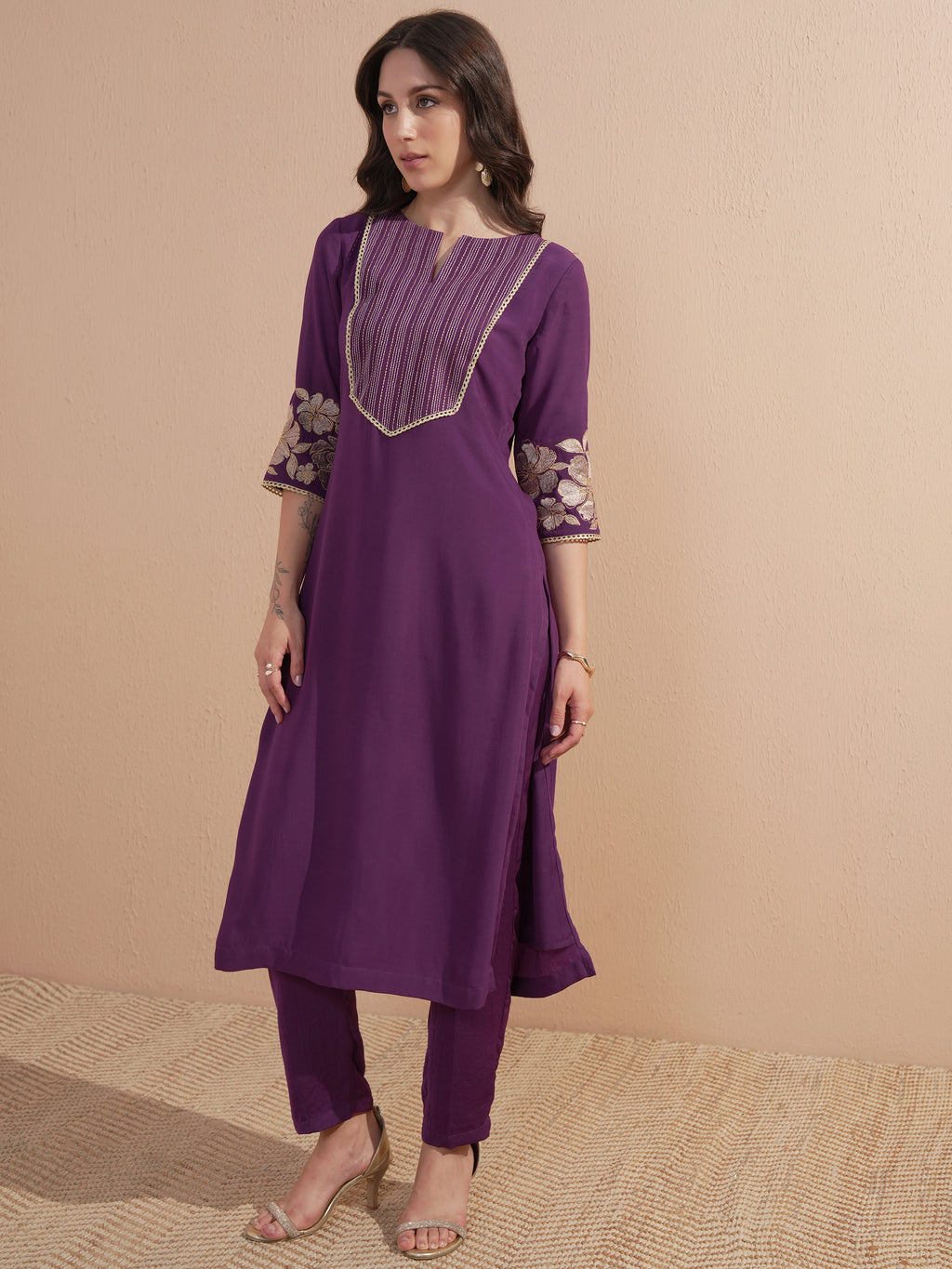 Vishudh Women Purple Embroidered Kurta With Trouser And Dupatta - Purple - Image 2