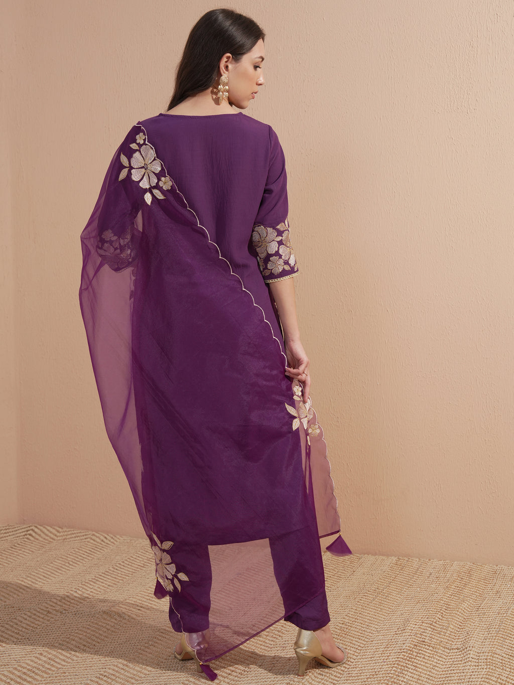 Vishudh Women Purple Embroidered Kurta With Trouser And Dupatta - Purple - Image 3