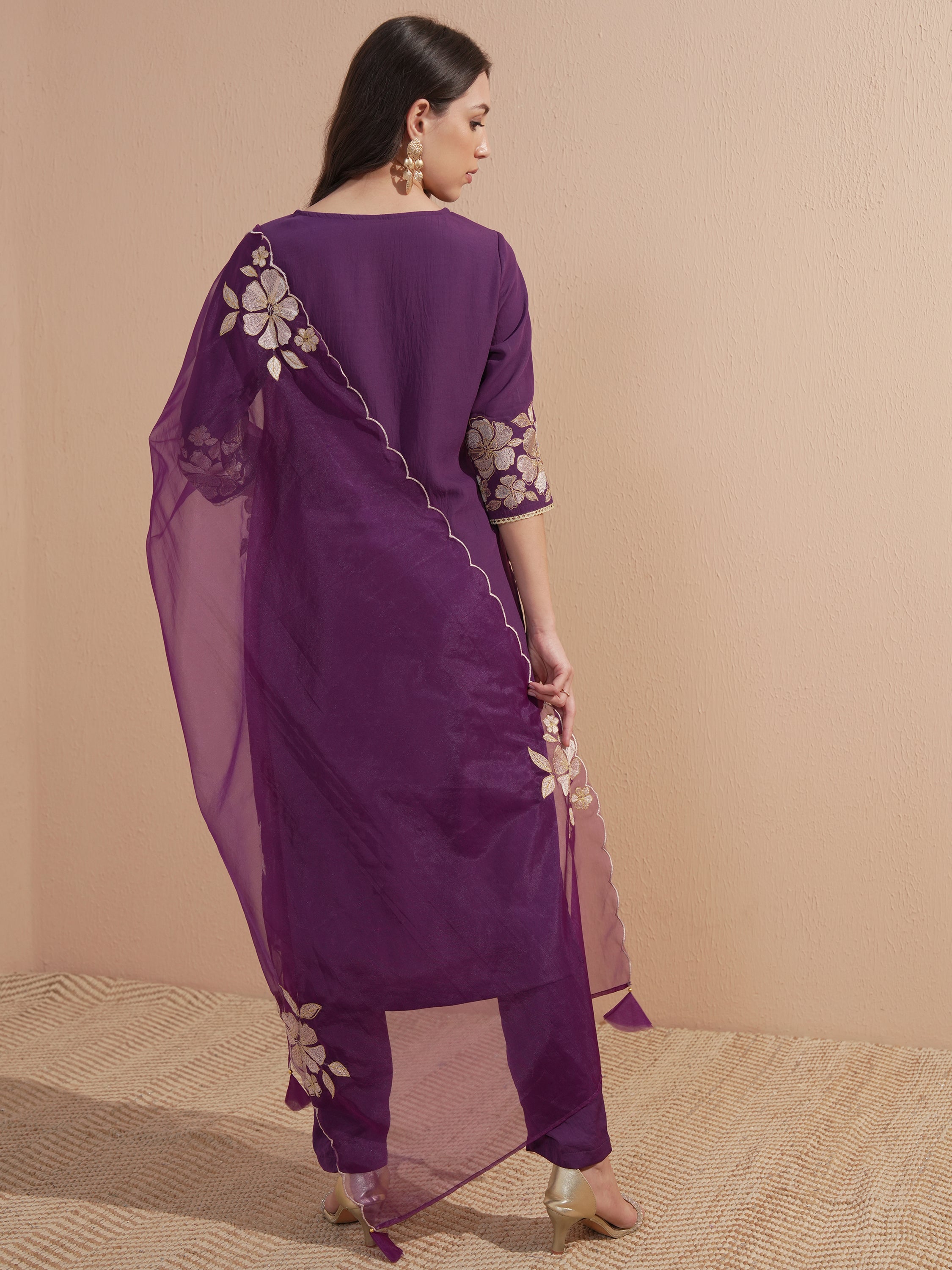 Vishudh Women Purple Embroidered Kurta With Trouser And Dupatta - Purple - Image 3