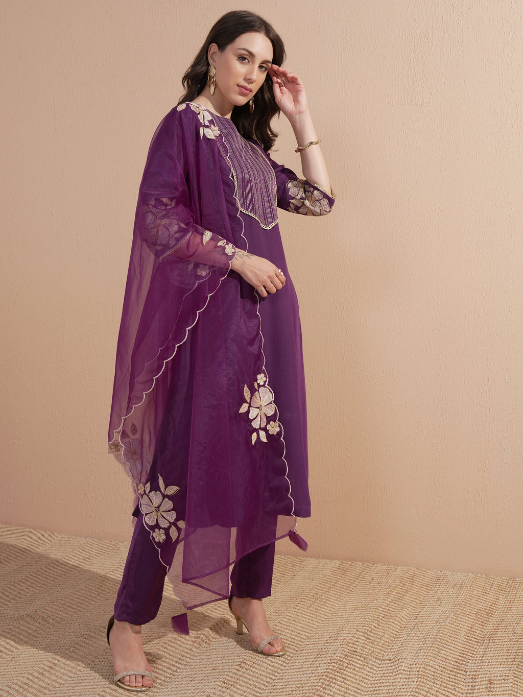 Vishudh Women Purple Embroidered Kurta With Trouser And Dupatta - Purple - Image 4