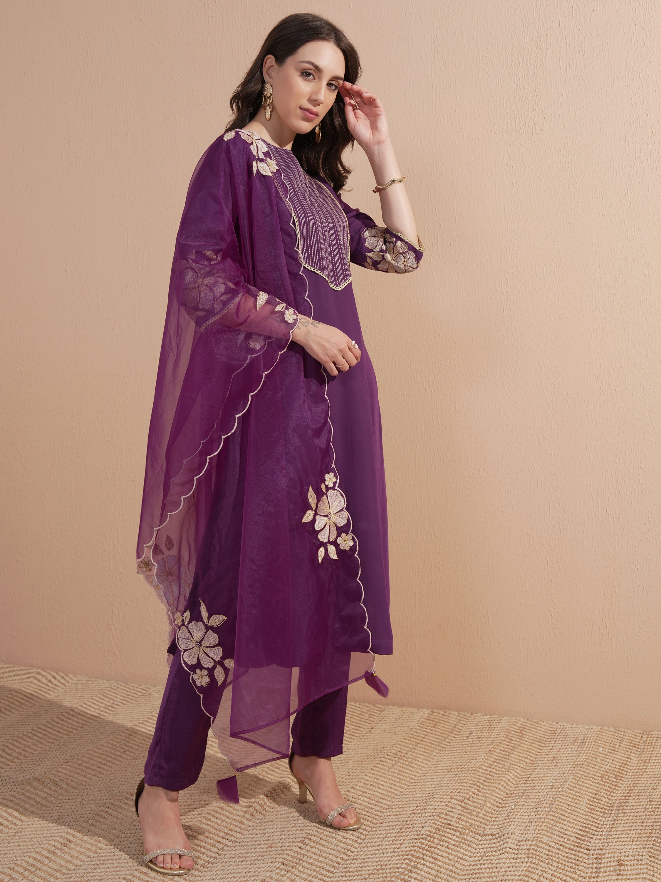 Vishudh Women Purple Embroidered Kurta With Trouser And Dupatta - Purple - Image 4