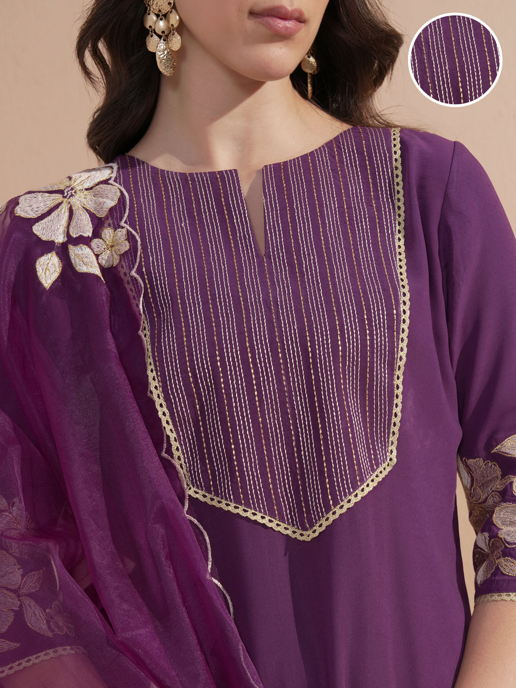 Vishudh Women Purple Embroidered Kurta With Trouser And Dupatta - Purple - Image 5