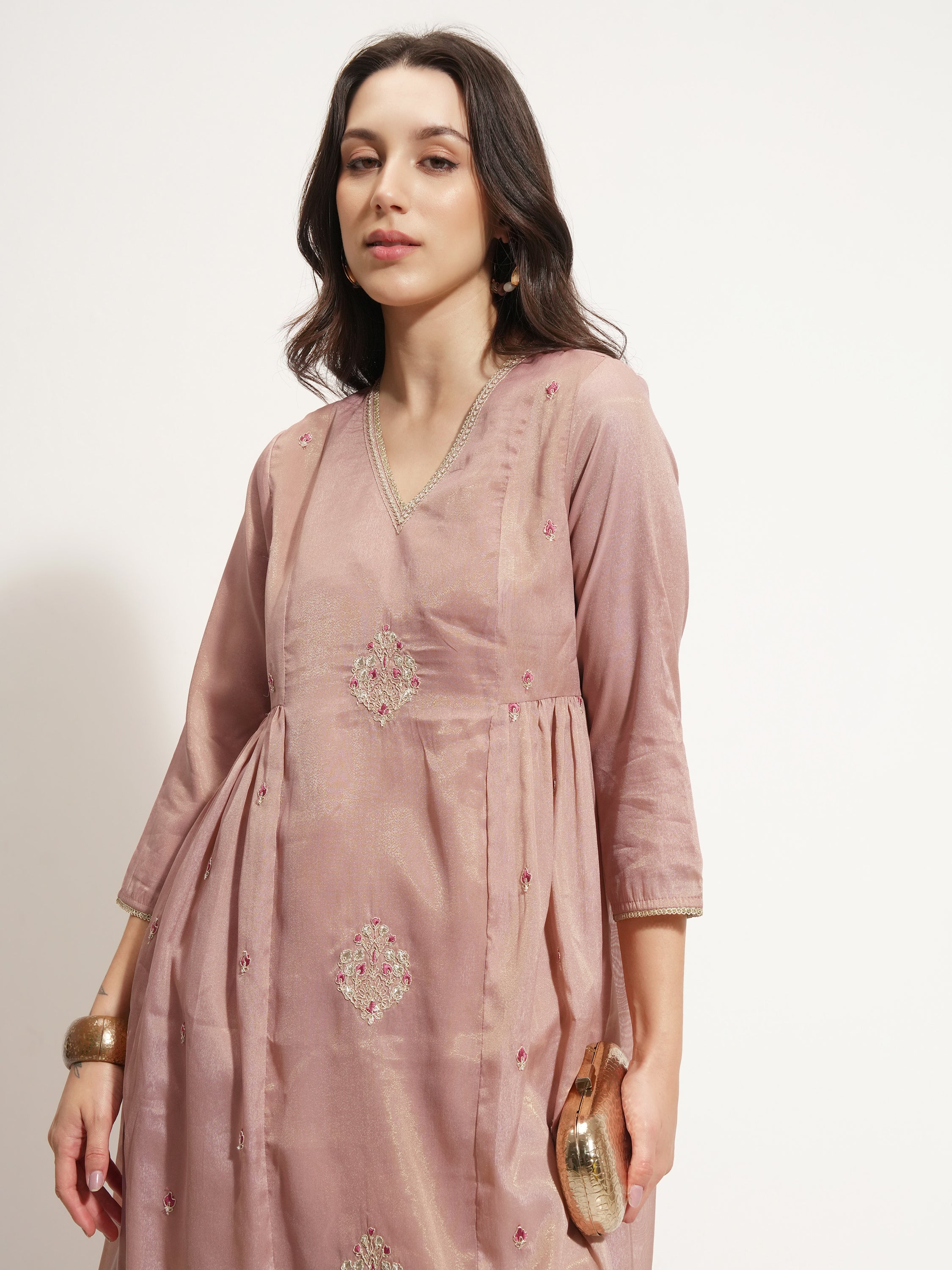 Vishudh Women Pink Embroidered Kurta With Trouser - Pink - Image 1