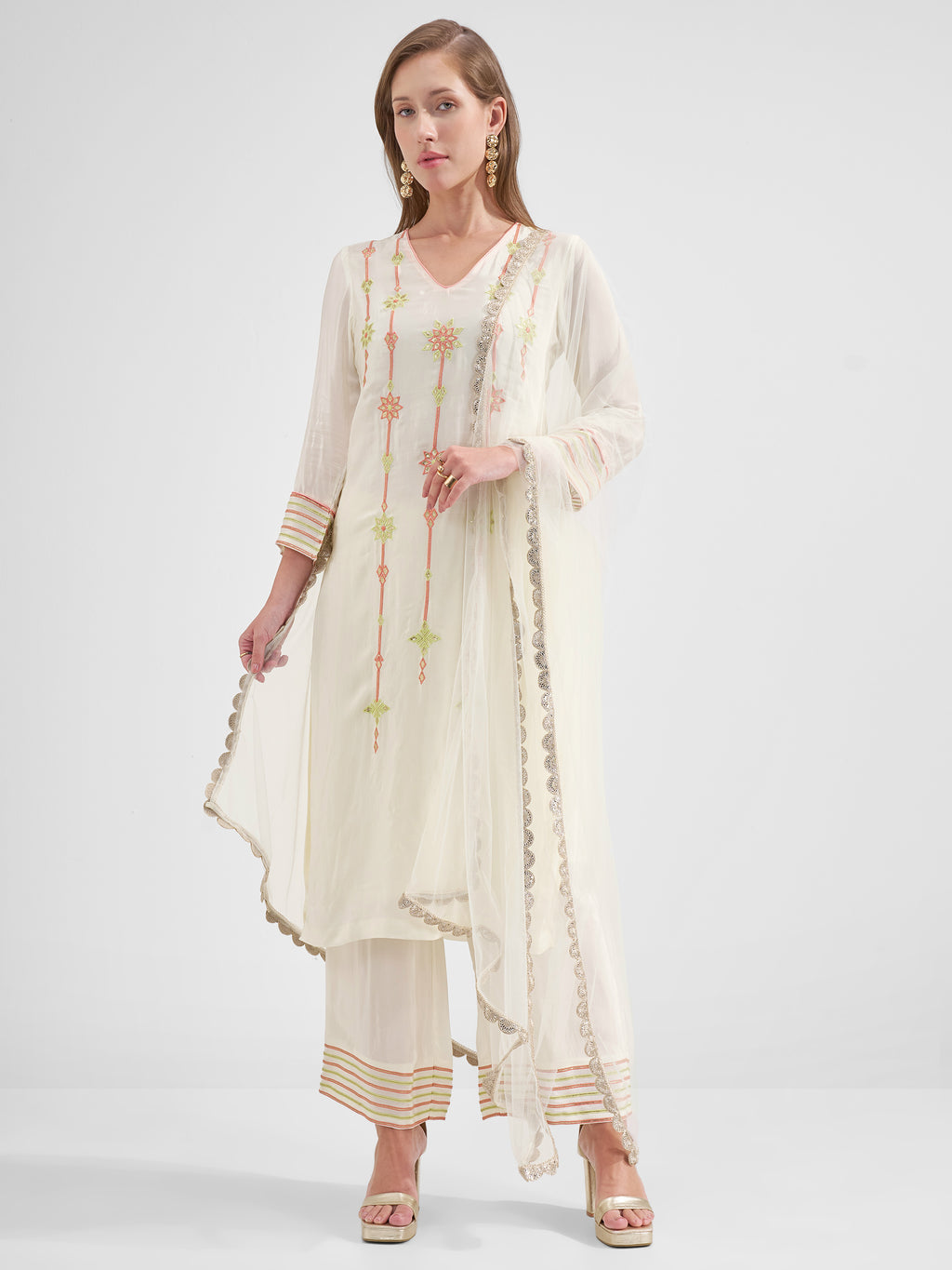 Vishudh Women Off White Embroidered Kurta And Trouser With Dupatta