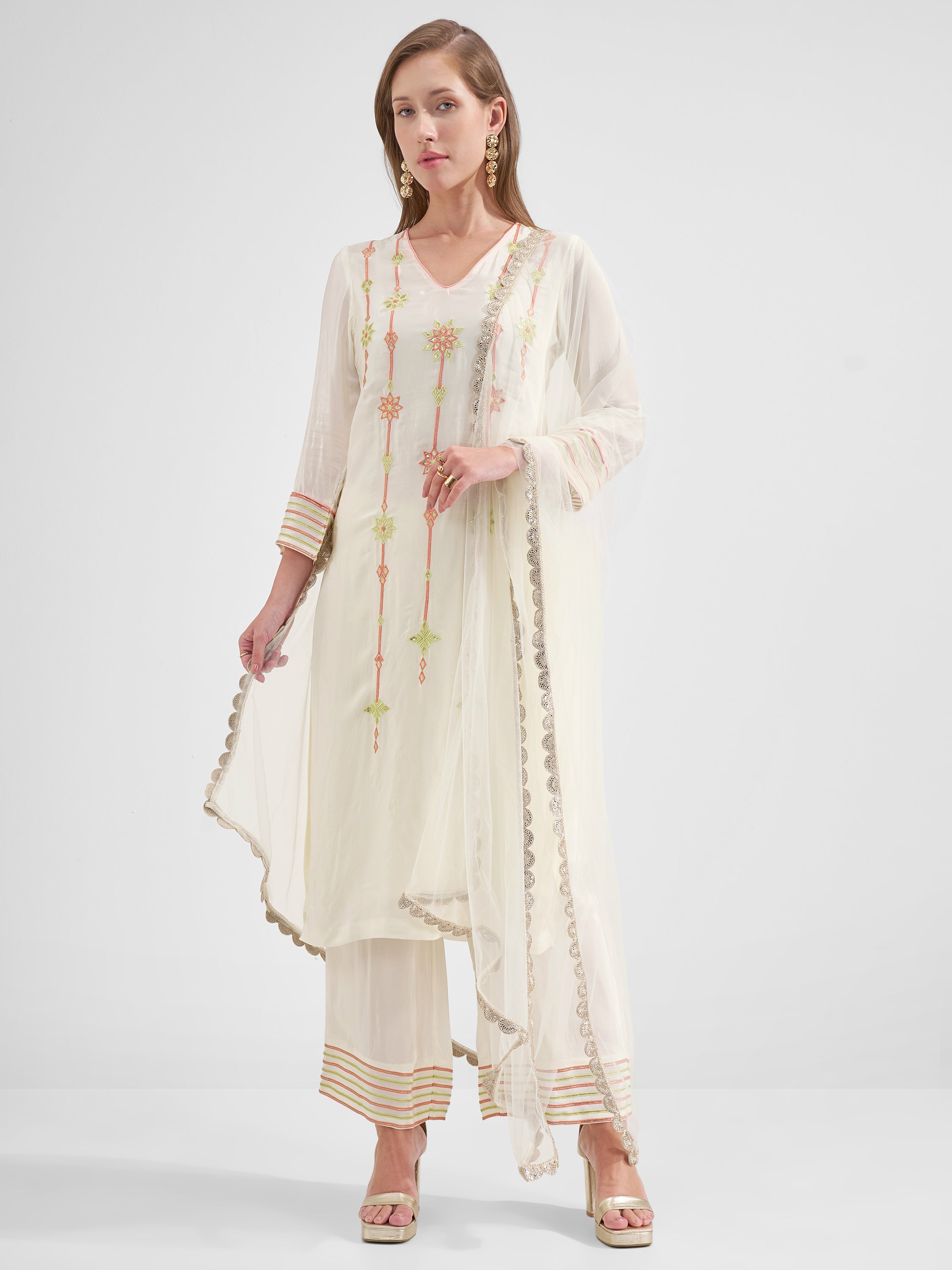Vishudh Women Off White Embroidered Kurta And Trouser With Dupatta