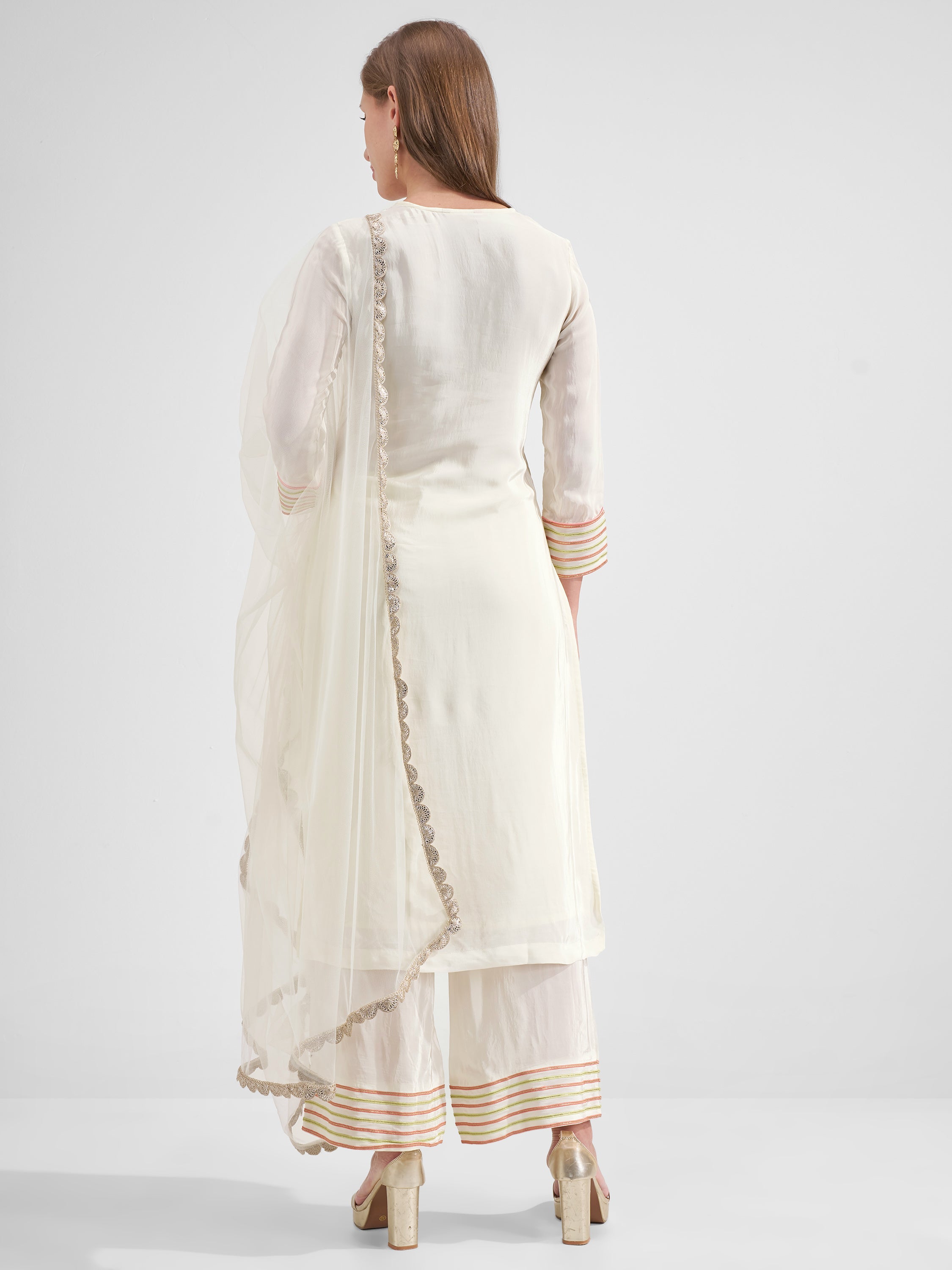 Vishudh Women Off White Embroidered Kurta And Trouser With Dupatta