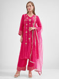 Vishudh Women Pink Embroidered Kurta And Trouser With Dupatta