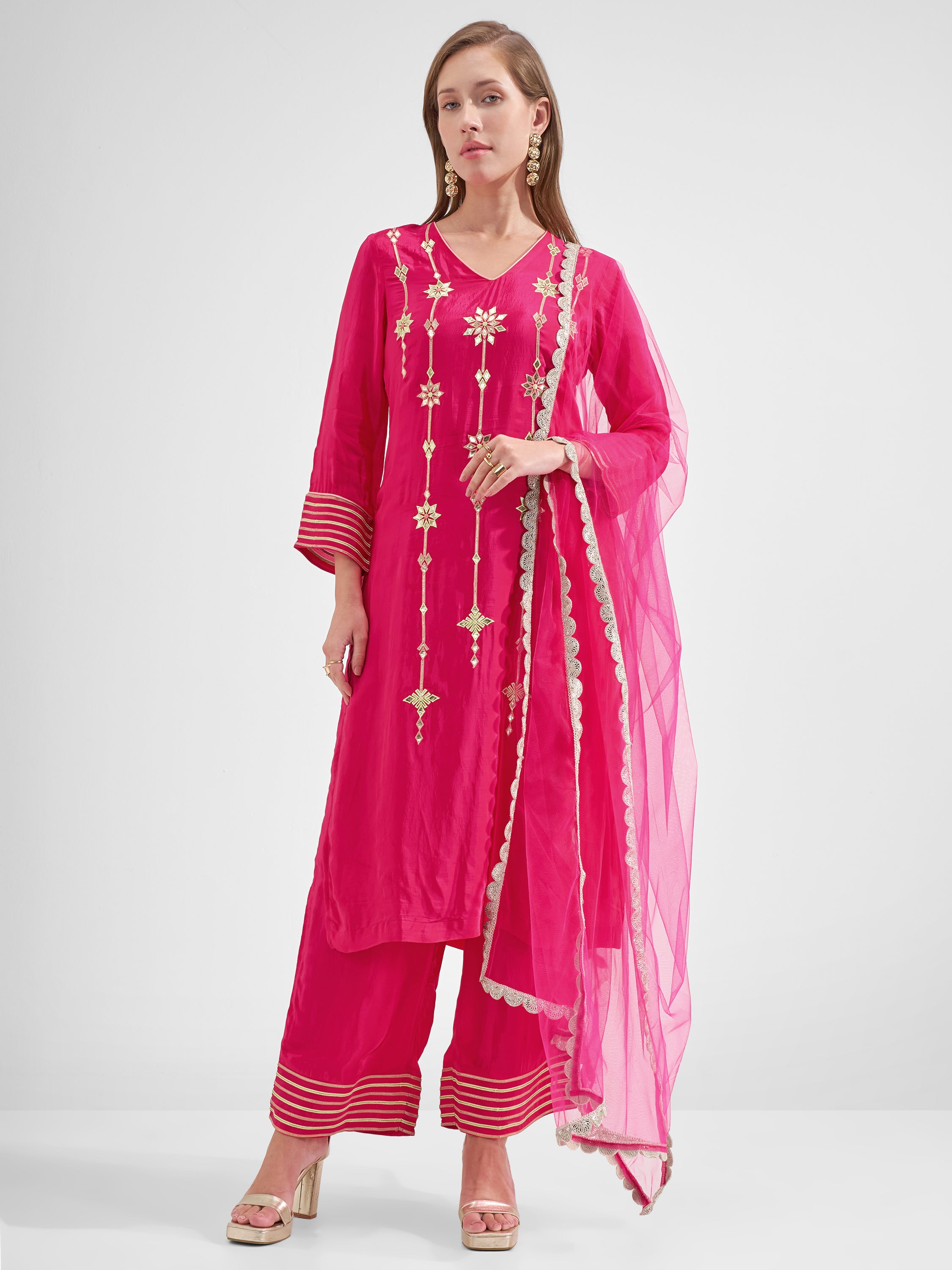 Vishudh Women Pink Embroidered Kurta And Trouser With Dupatta