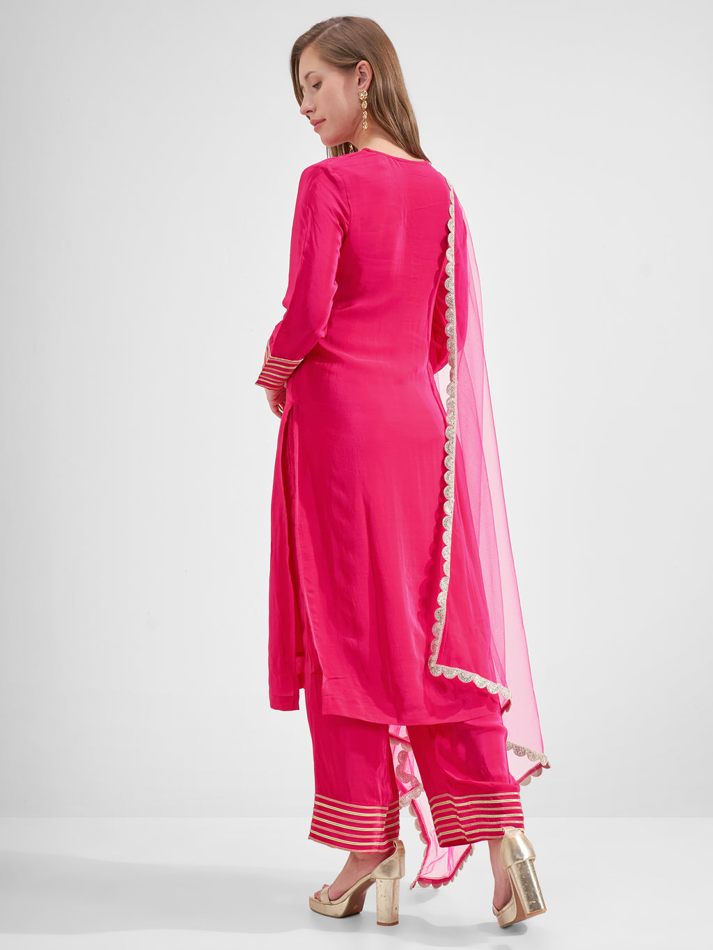 Vishudh Women Pink Embroidered Kurta And Trouser With Dupatta
