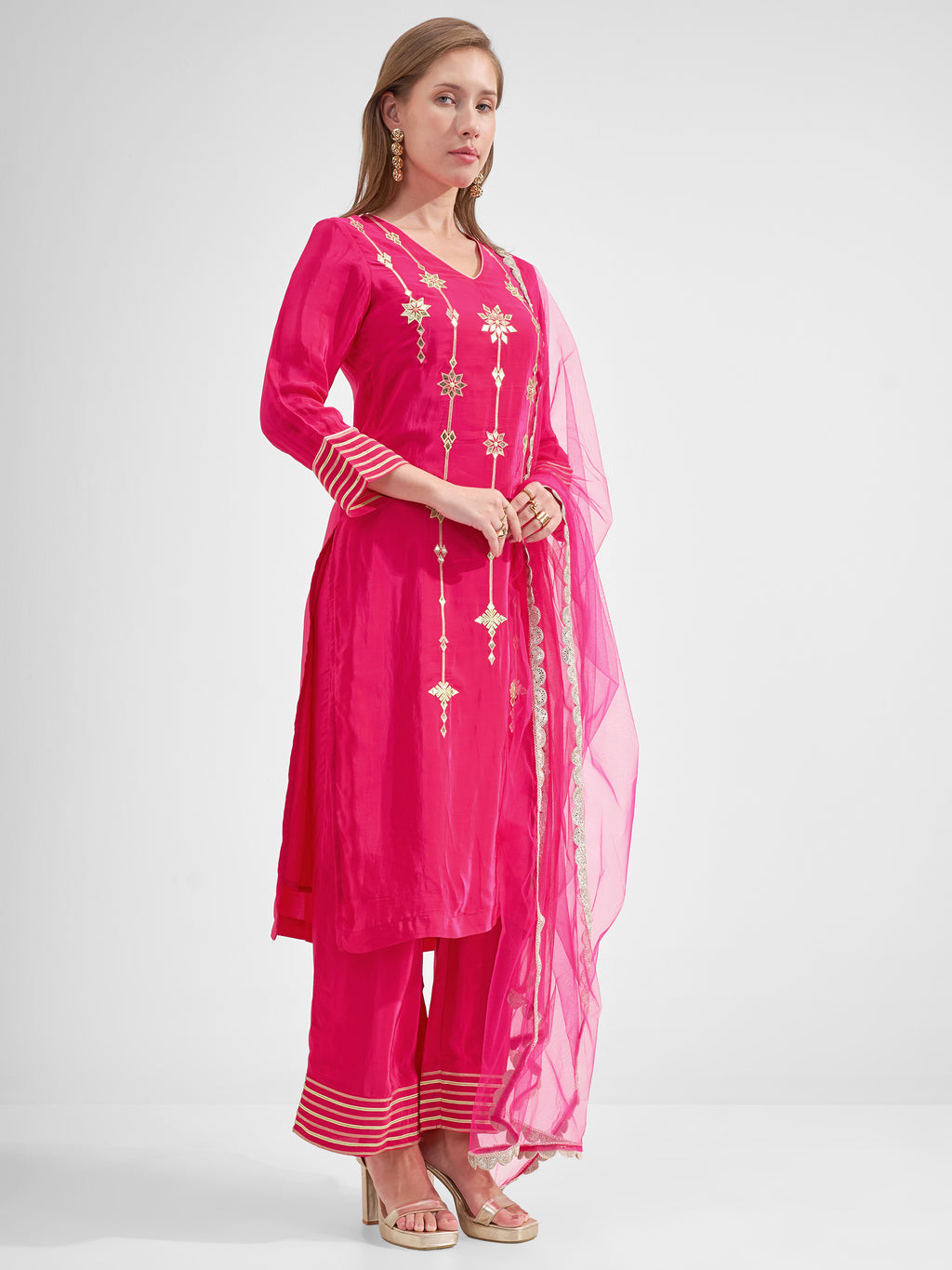 Vishudh Women Pink Embroidered Kurta And Trouser With Dupatta