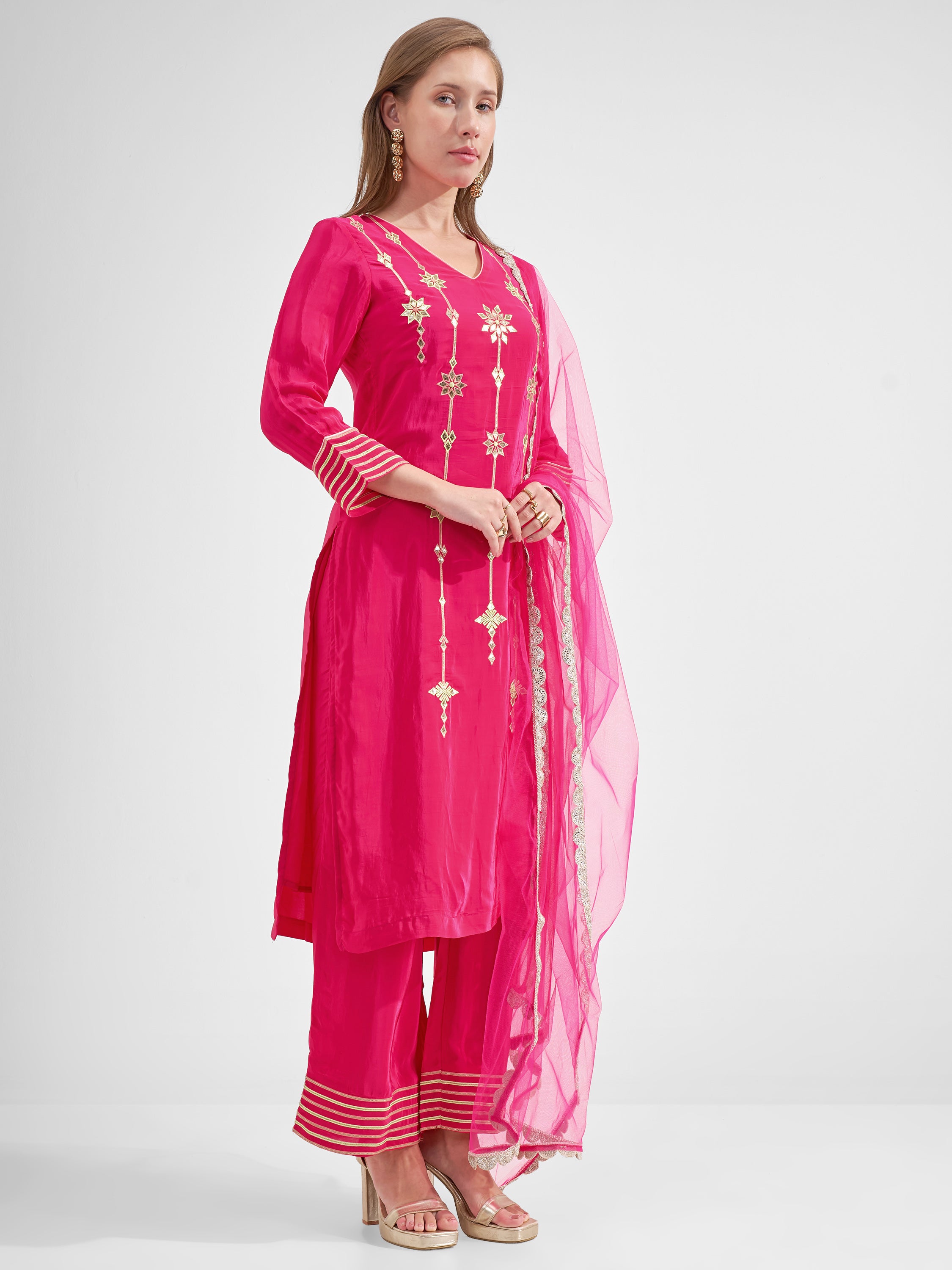 Vishudh Women Pink Embroidered Kurta And Trouser With Dupatta