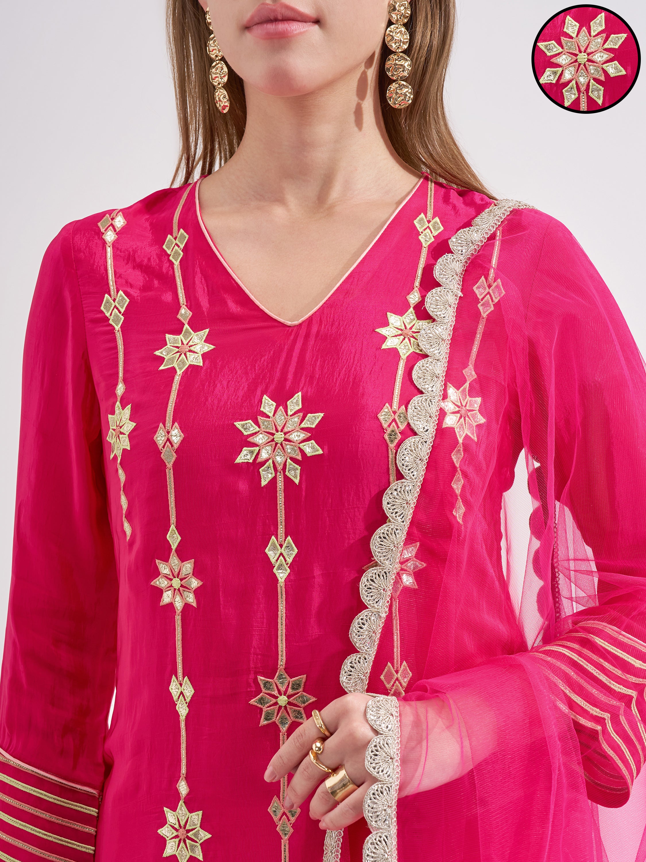 Vishudh Women Pink Embroidered Kurta And Trouser With Dupatta