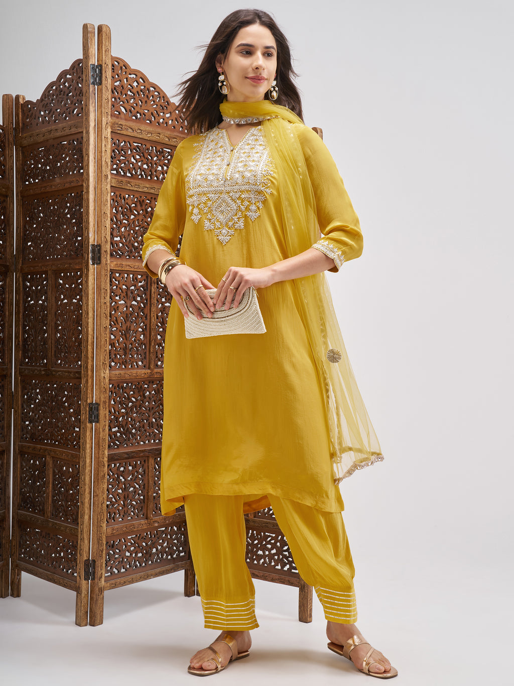 Vishudh Women Mustard Embroidered Kurta And Palazzo With Dupatta - Mustard - Image 1