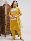 Vishudh Women Mustard Embroidered Kurta And Palazzo With Dupatta - Mustard - Image 1