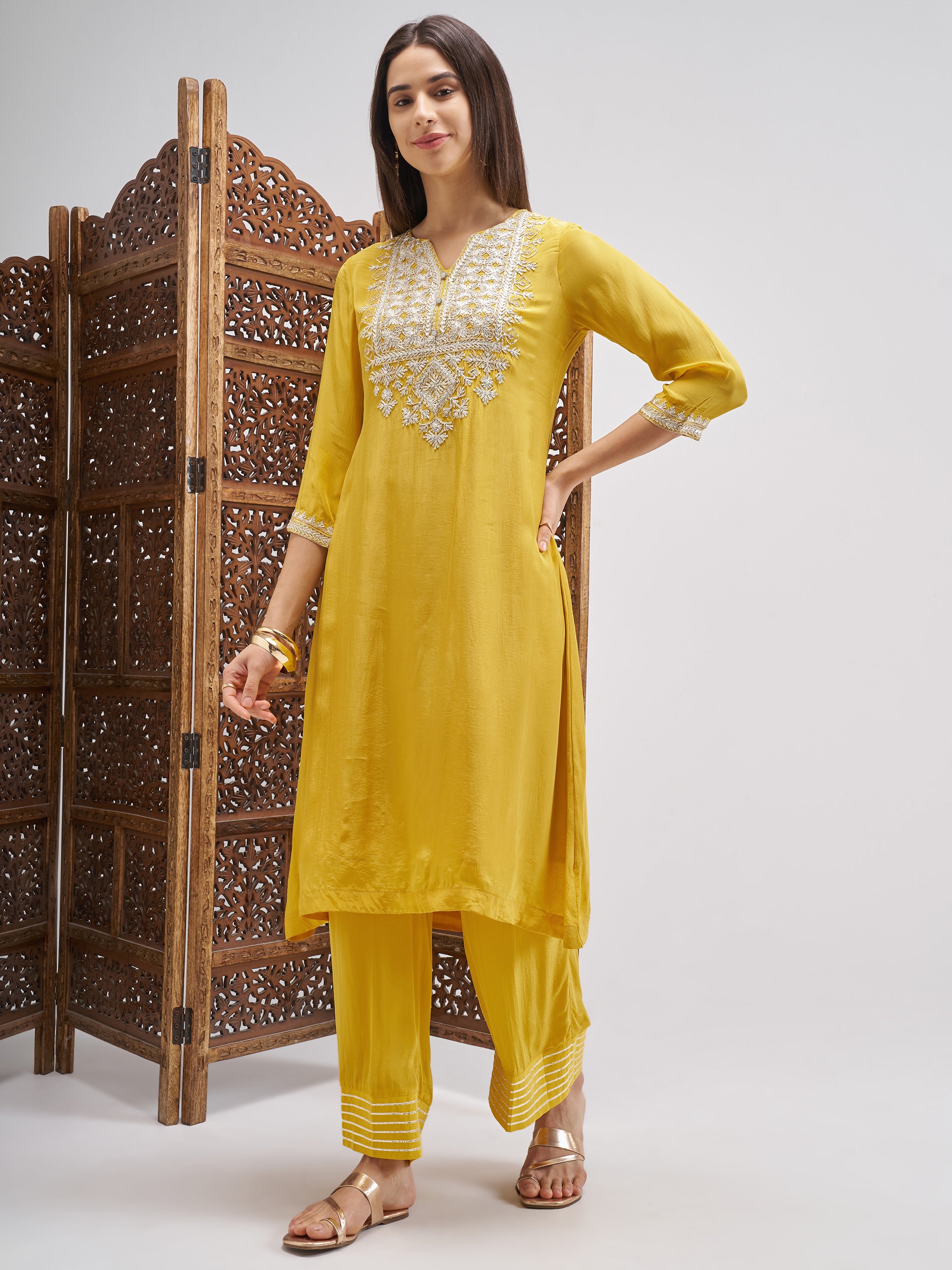 Vishudh Women Mustard Embroidered Kurta And Palazzo With Dupatta - Mustard - Image 2