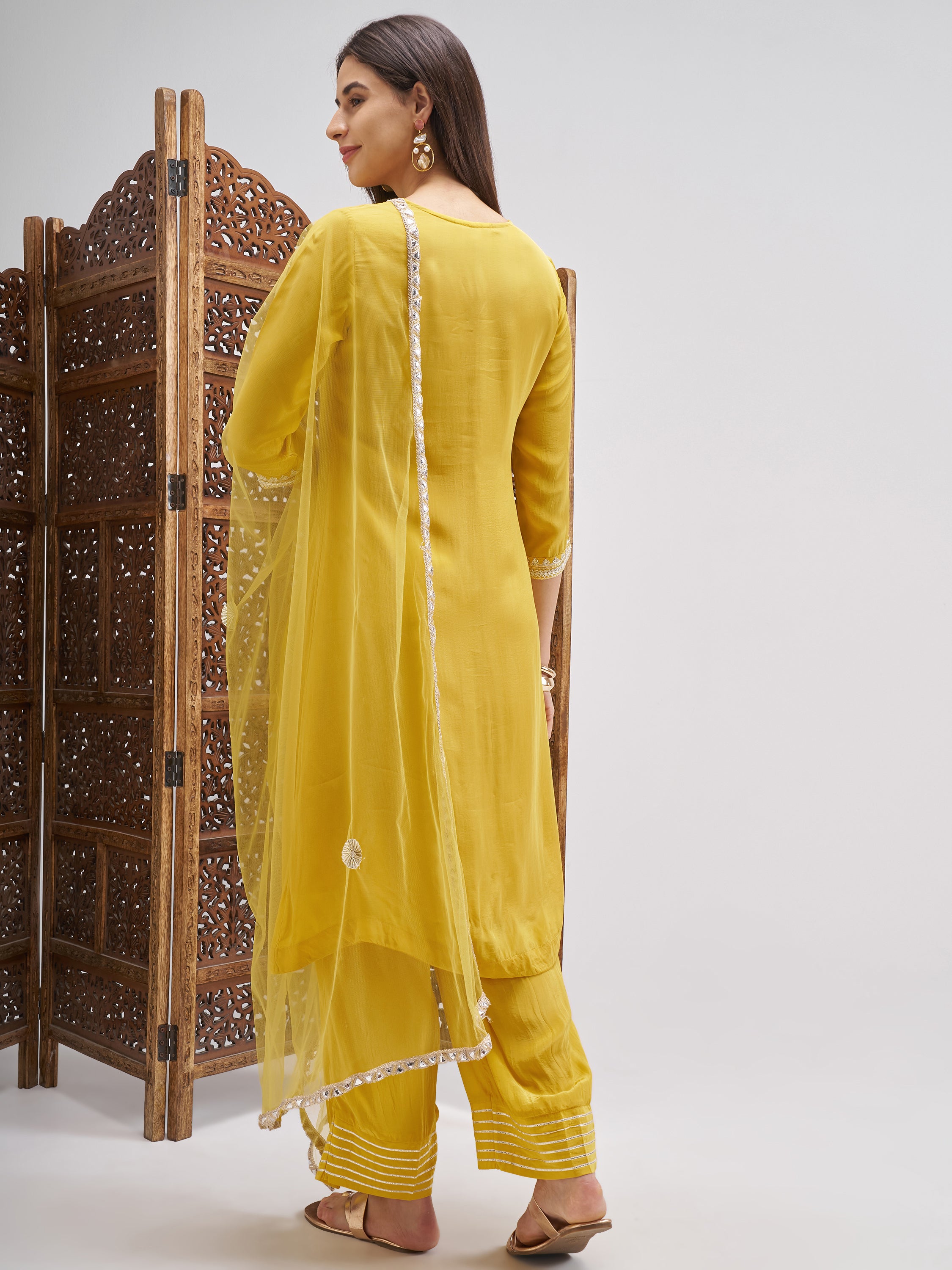 Vishudh Women Mustard Embroidered Kurta And Palazzo With Dupatta - Mustard - Image 3